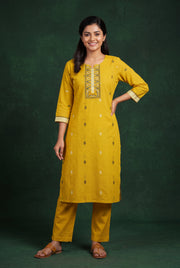 Yellow Kanaka Cotton Kurti with Printed Motifs