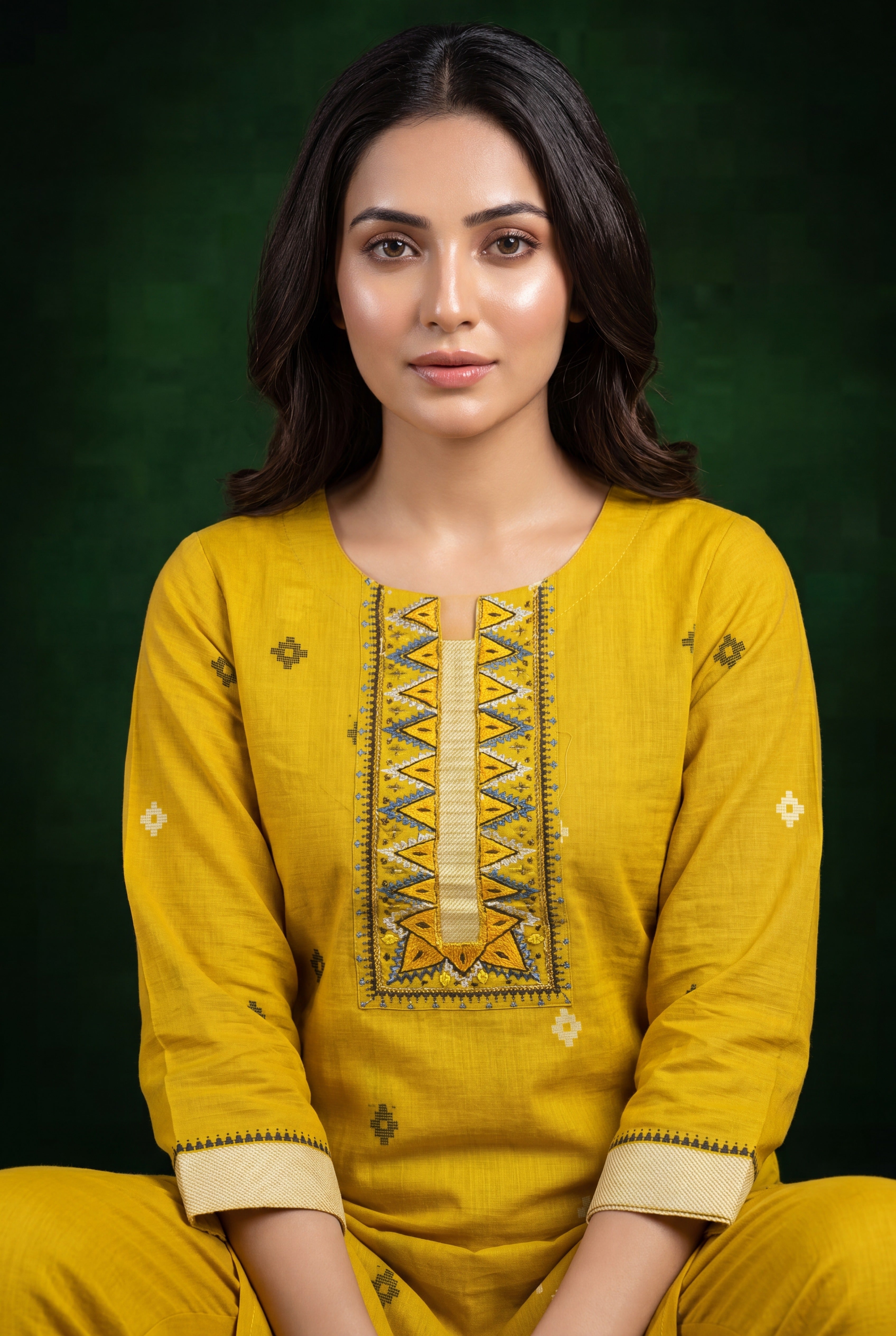 Yellow Kanaka Cotton Kurti with Printed Motifs