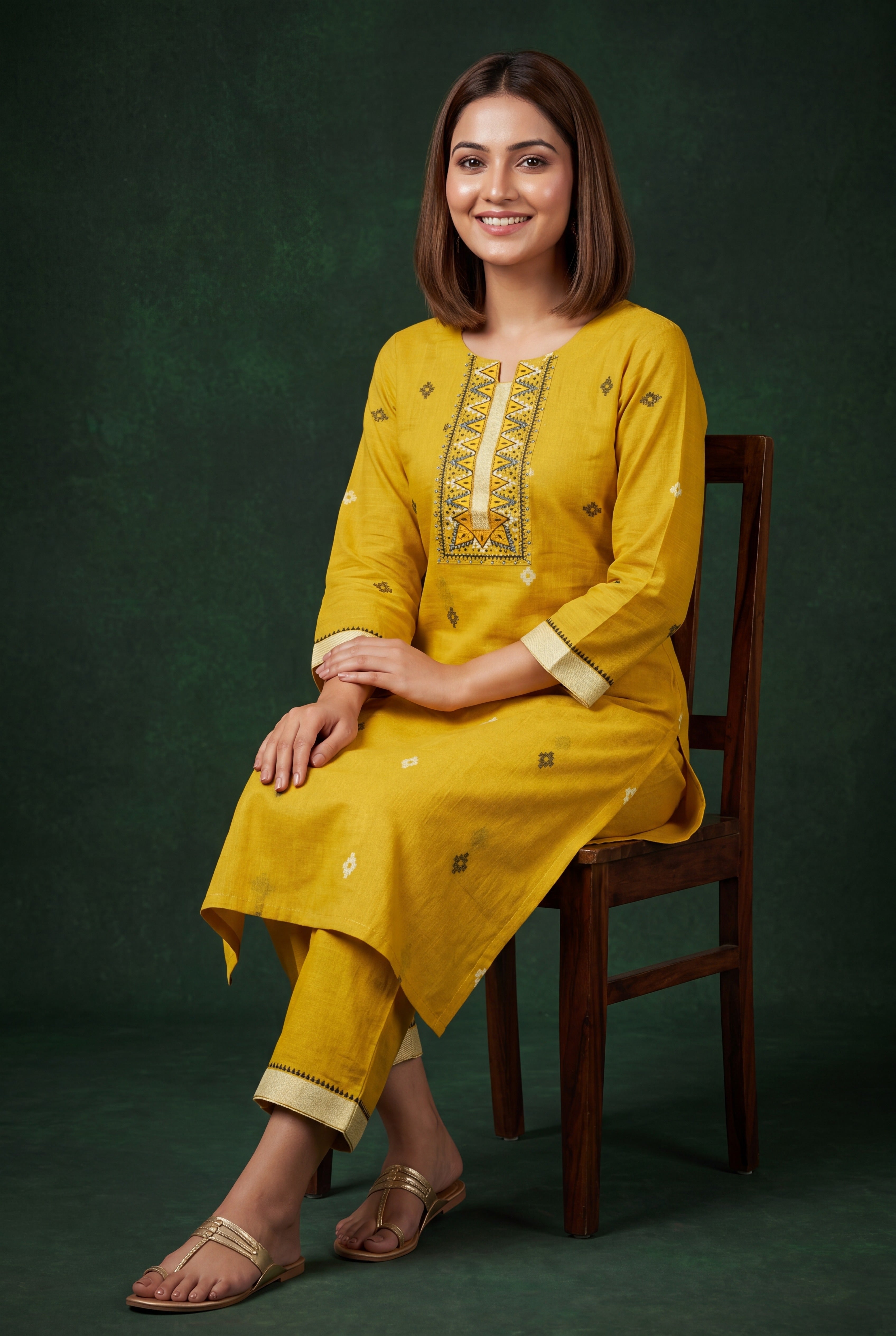 Yellow Kanaka Cotton Kurti with Printed Motifs
