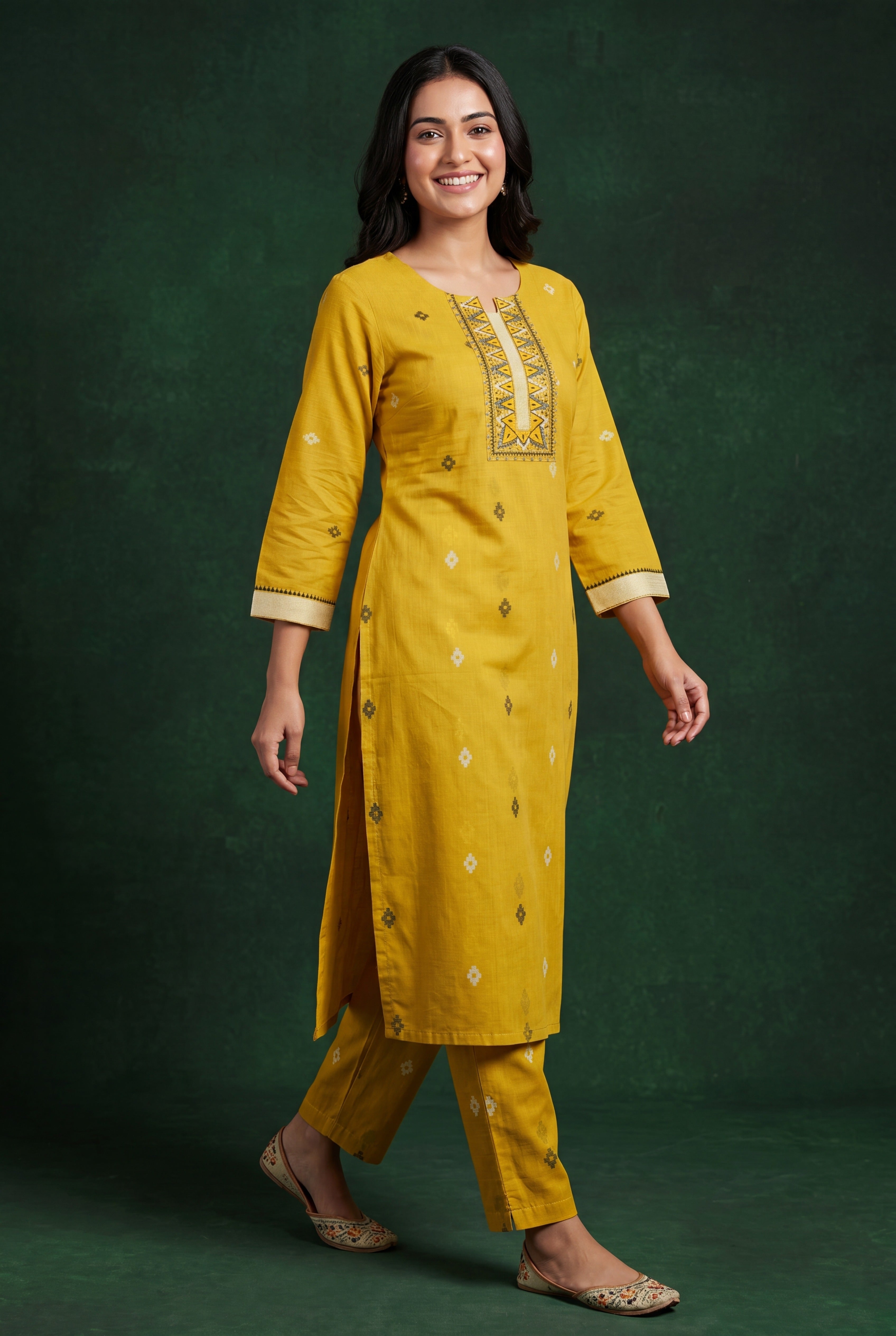 Yellow Kanaka Cotton Kurti with Printed Motifs