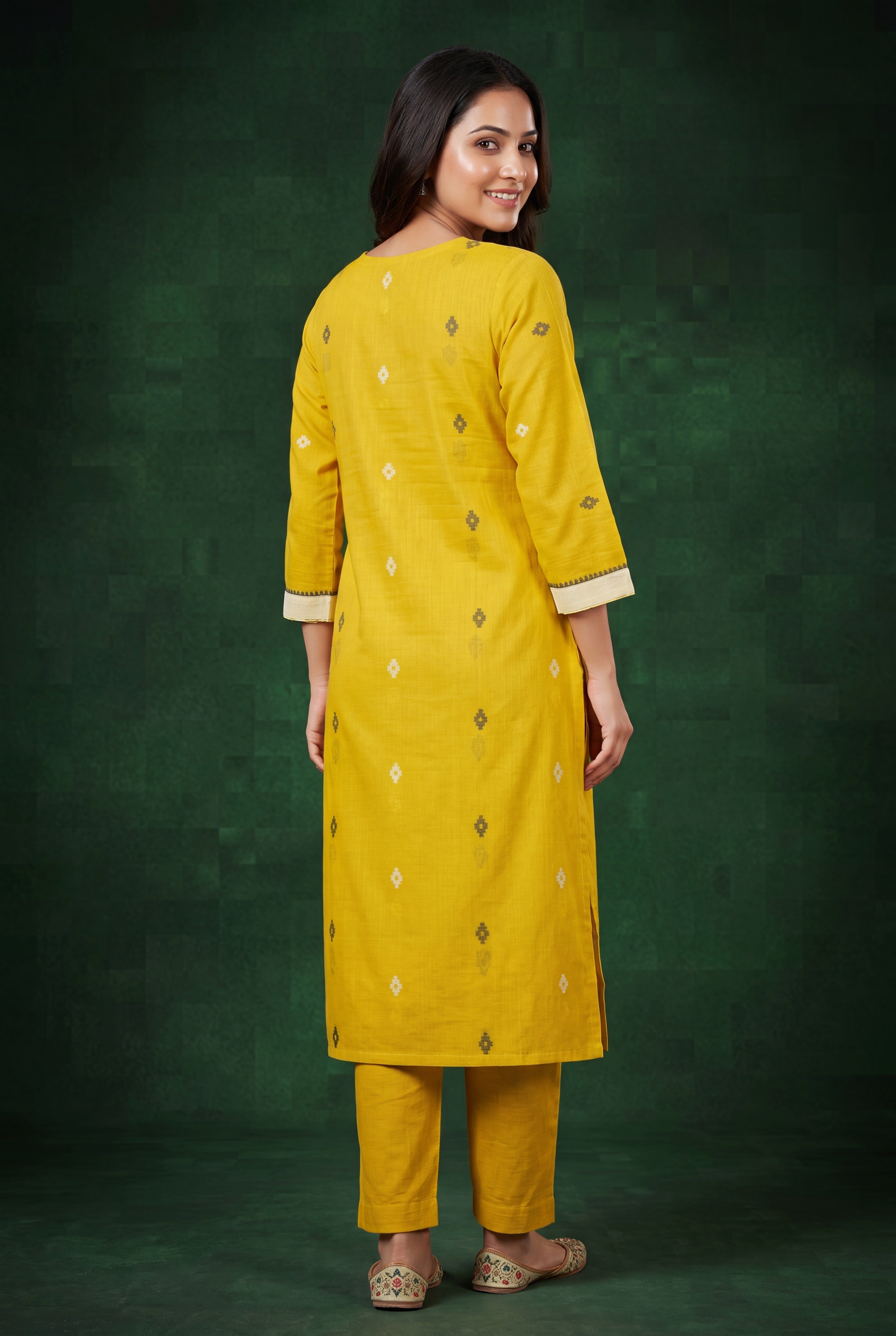 Yellow Kanaka Cotton Kurti with Printed Motifs