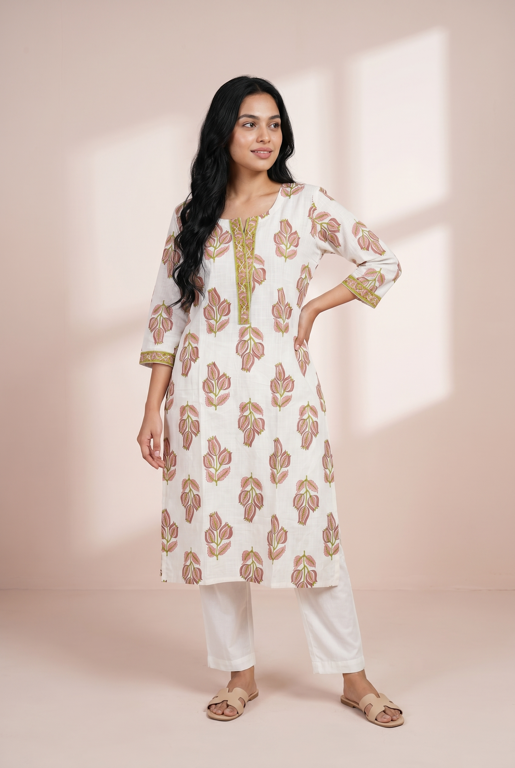 Autumn Maple Cotton Kurti with a Cream Base