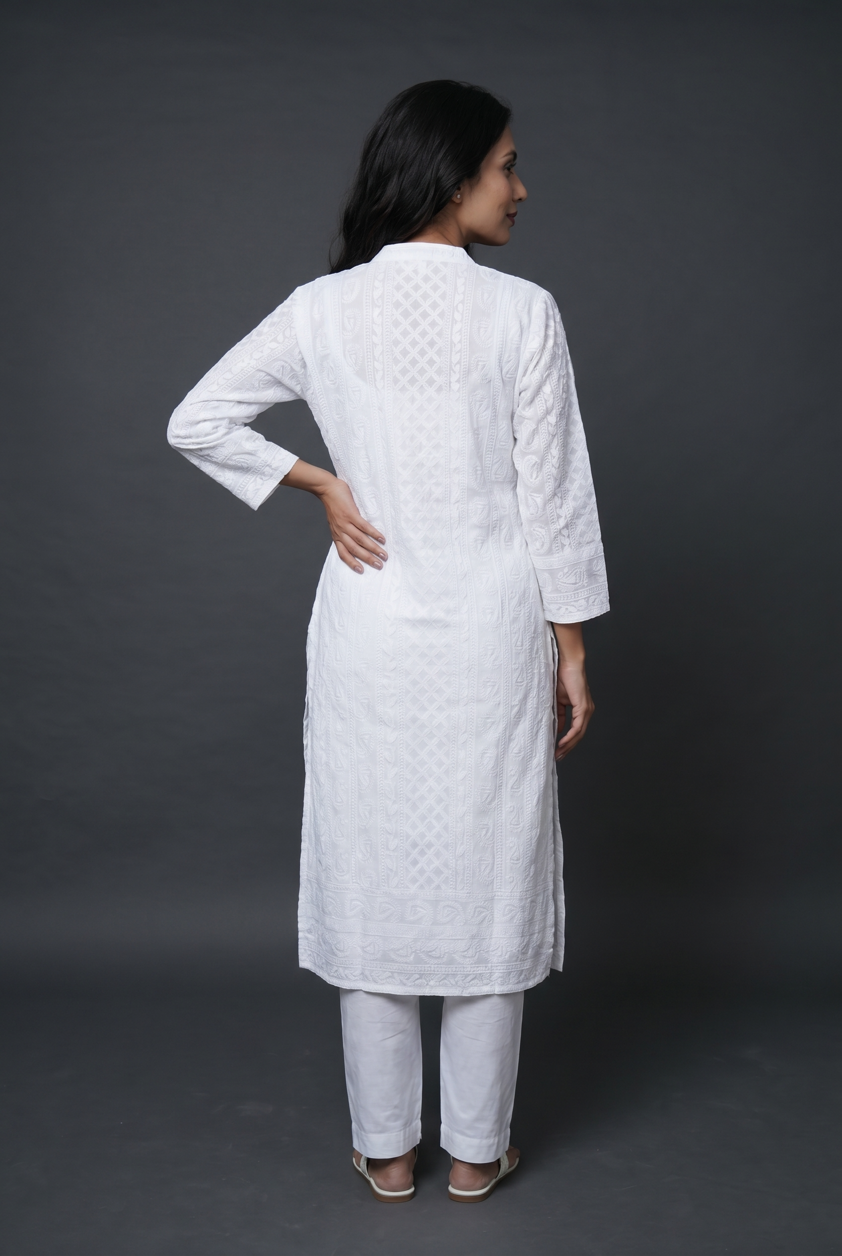 White Georgette Chikankari Kurti with Paisley and Jaal threadwork