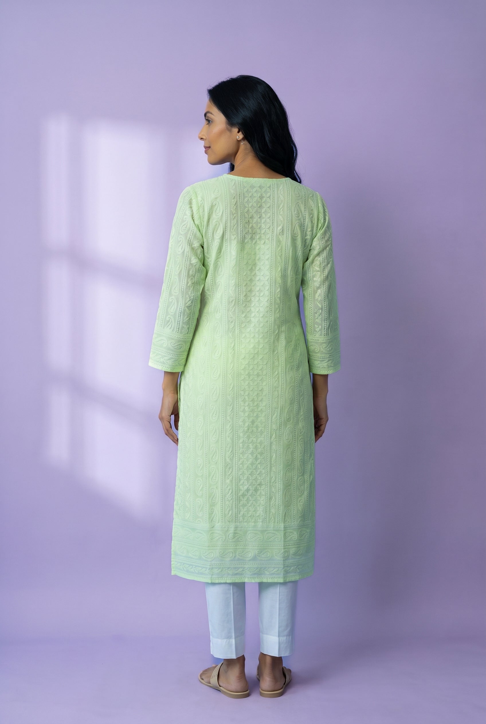 Lime Green Georgette Chikankari Kurti with Paisley and Jaal threadwork