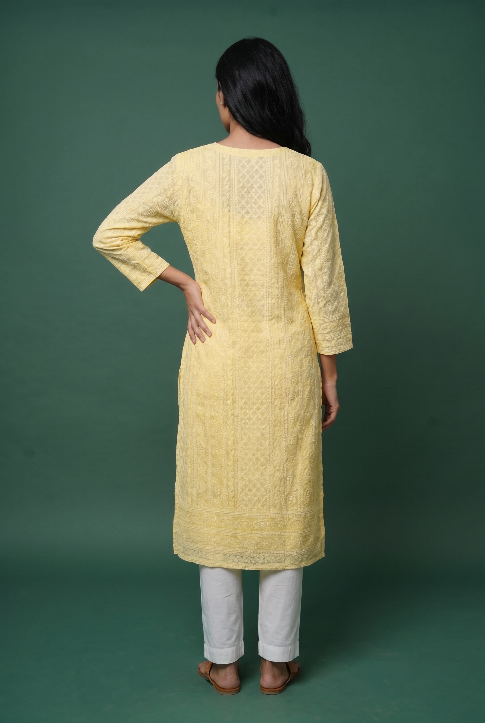 Sunny Yellow Georgette Chikankari Kurti with Paisley and Jaal threadwork