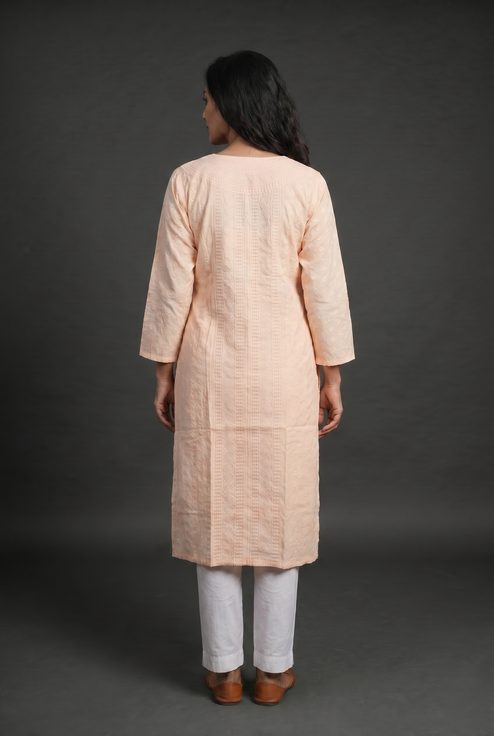Peach Cotton Chikankari Kurti