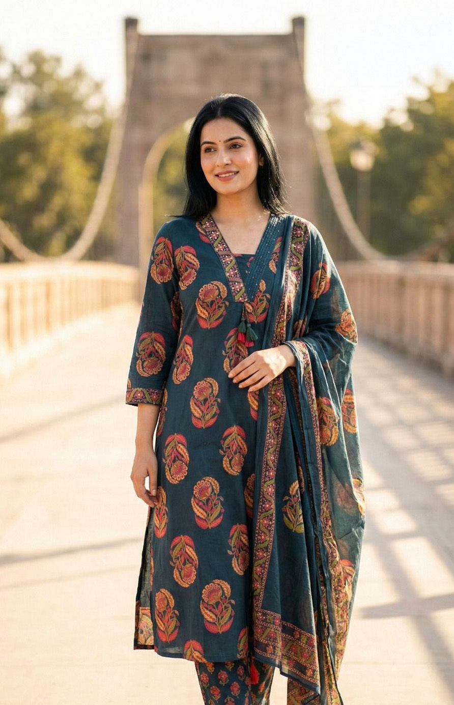 Forest Green Salwar Kameez with Floral Print
