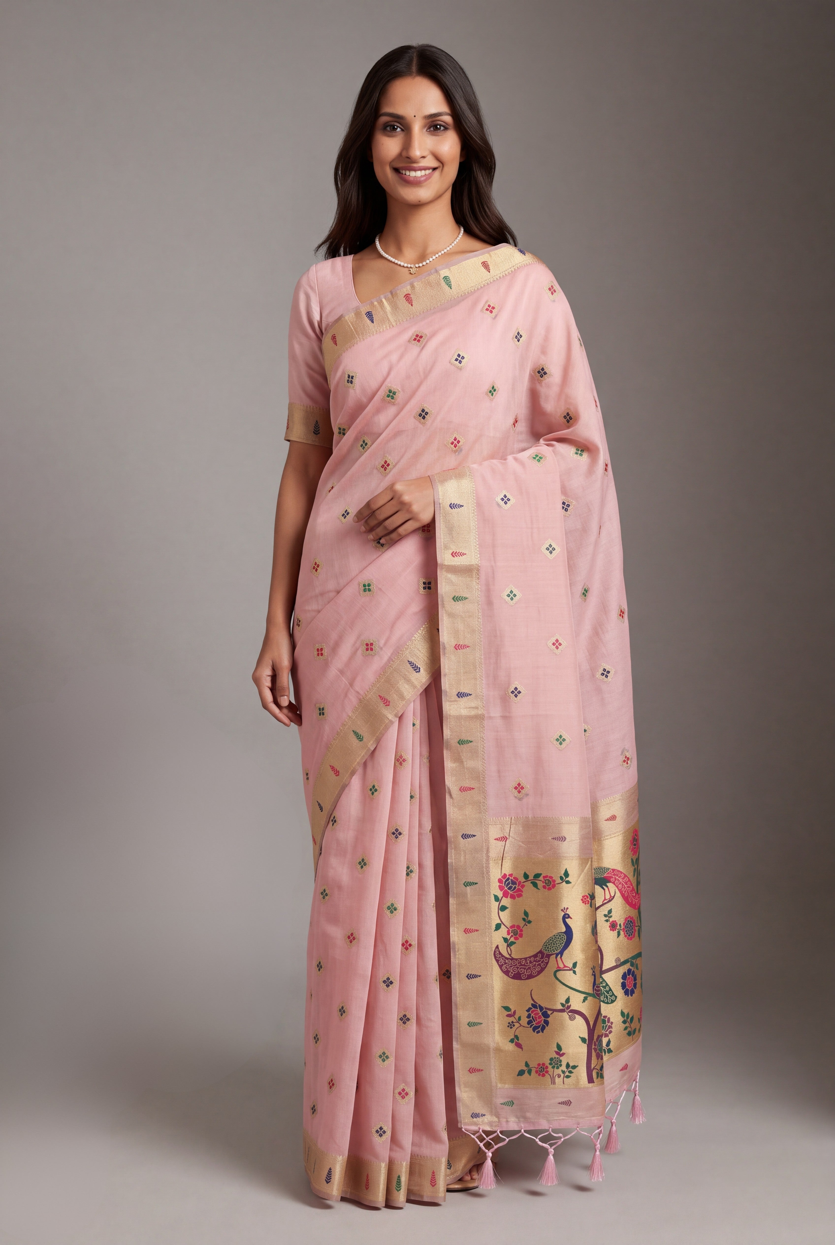 Pastel Pink Cotton Paithani Saree with Vṛkṣa border and Nīlamaṇi Pallu