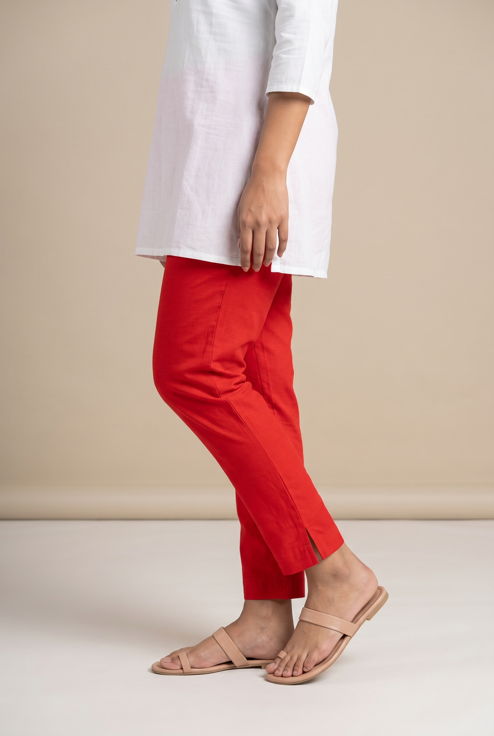 Red Cotton Stretch Pants with Elastic waistband
