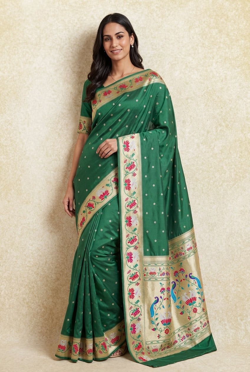 Bottle Green Apurva Silk Paithani Saree with Star Meena butti, and Rajhans Pallu