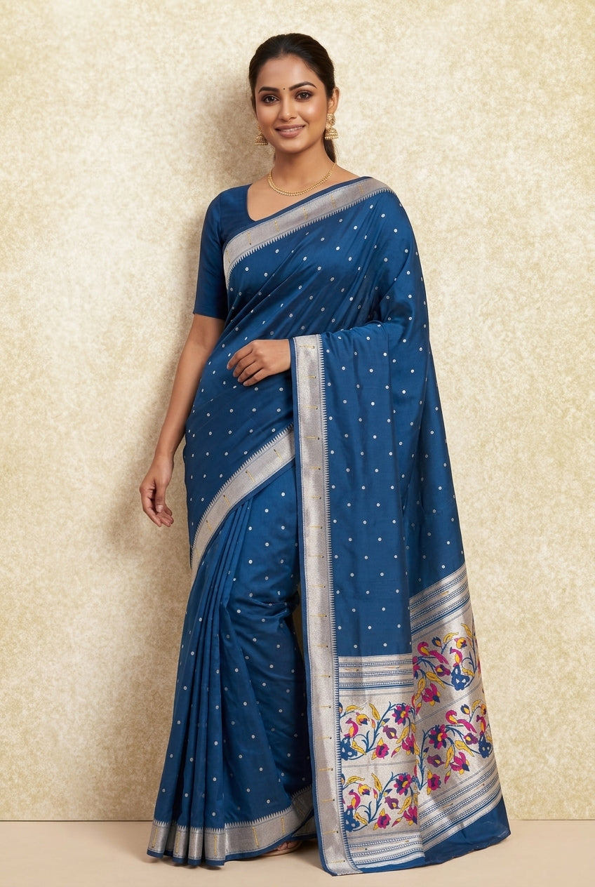 Midnight Blue Apurva Silk Paithani Saree with Round gold zari butti, Multi colour Muniya border, Multi Pallu and Brocade blouse