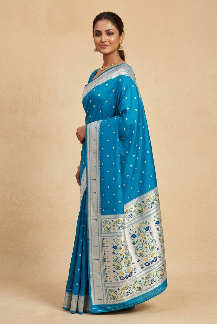 Morpankhi Blue Apurva Silk Paithani Saree with Sitaara butti, Muniya border and Resham threadwork Floral Pallu