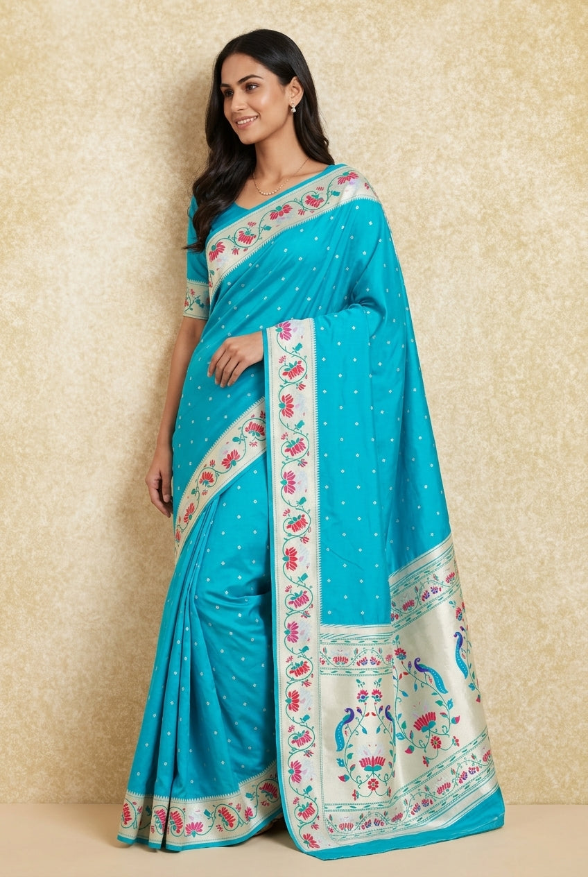 Neelamani Blue Apurva Silk Paithani Saree with Star Meena butti, and Rajhans Pallu