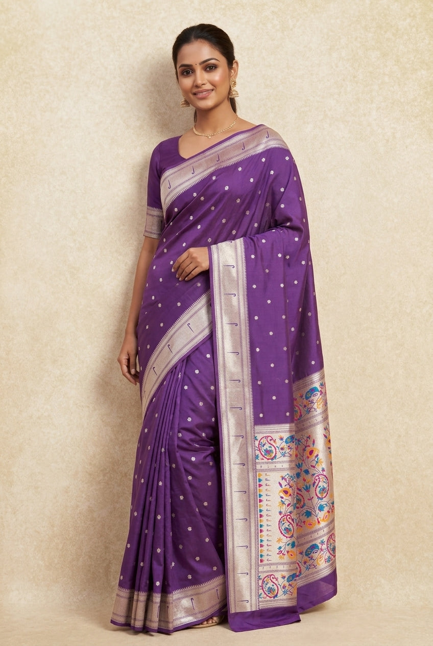 Plum Purple Apurva Silk Paithani Saree with Sitaara butti, Muniya border and Resham threadwork Floral Pallu