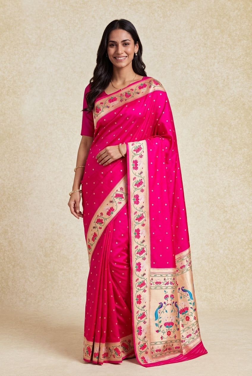 Rani Pink Apurva Silk Paithani Saree with Star Meena butti, and Rajhans Pallu
