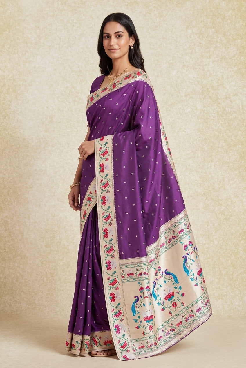 Royal Purple Apurva Silk Paithani Saree with Star Meena butti, and Rajhans Pallu