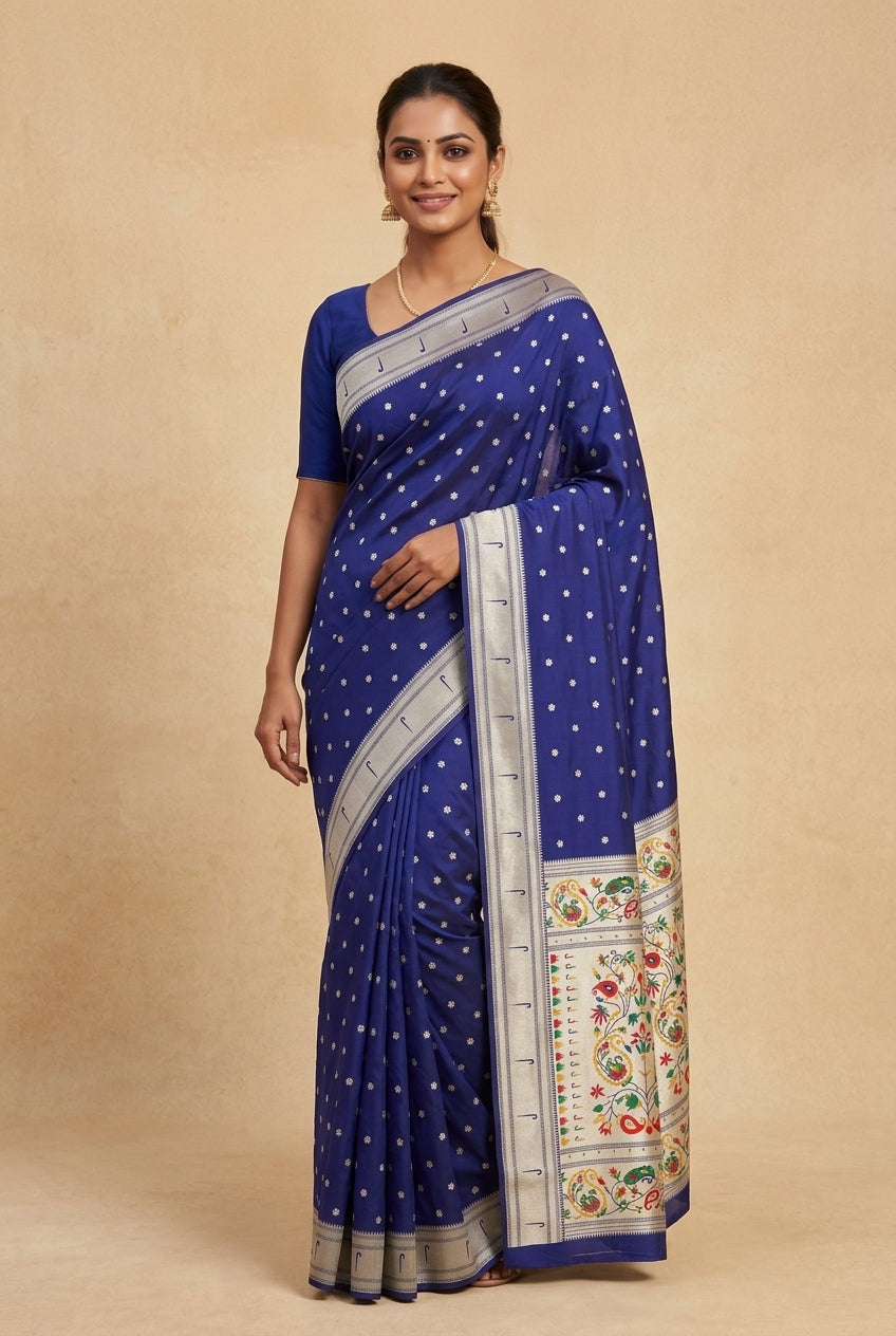 Royal Purple Apurva Silk Paithani Saree with Sitaara butti, Muniya border and Resham threadwork Floral Pallu