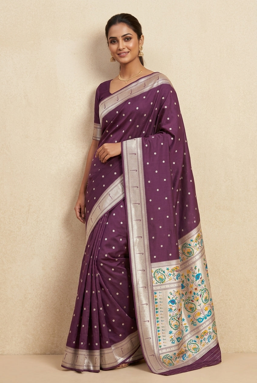 Wine Apurva Silk Paithani Saree with Sitaara butti, Muniya border and Resham threadwork Floral Pallu
