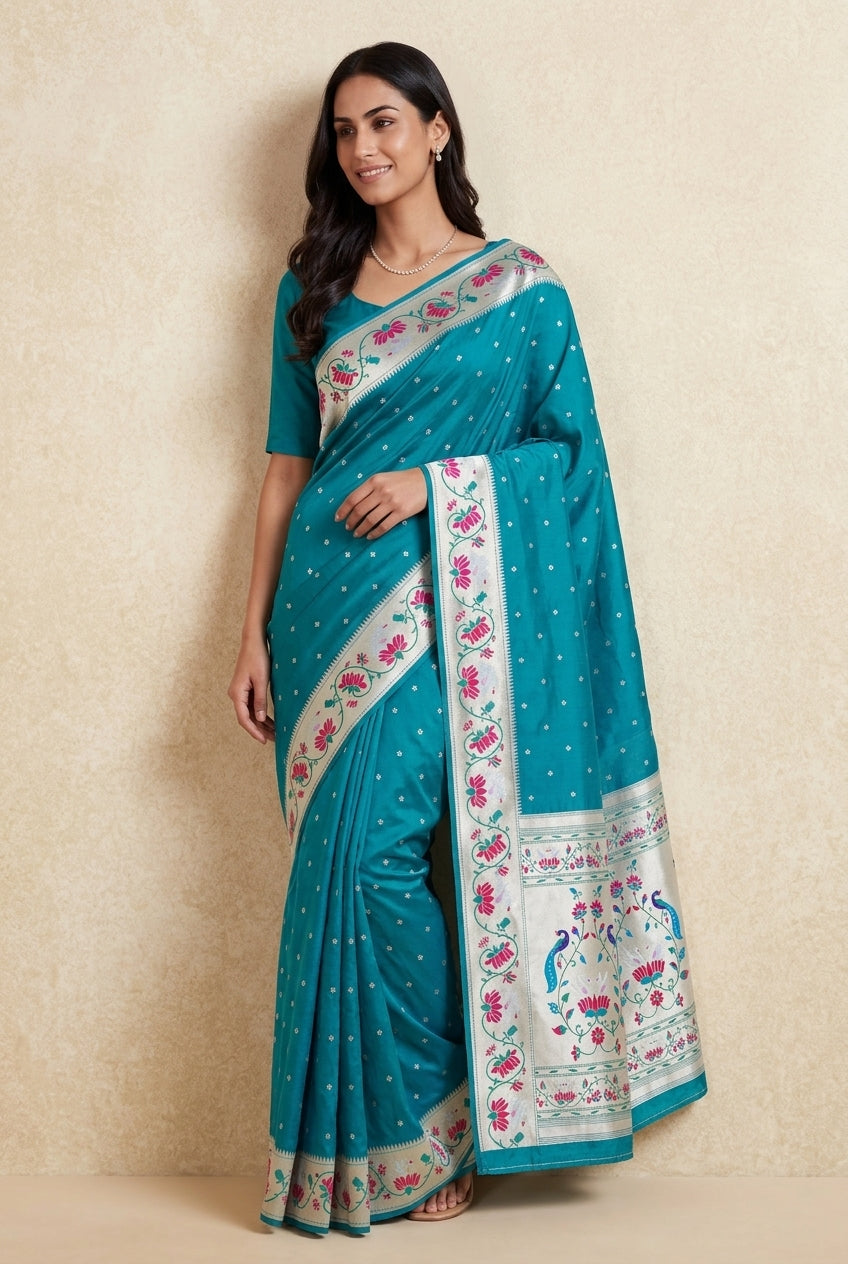 Morpankhi Blue Apurva Silk Paithani Saree with Star Meena butti, and Rajhans Pallu