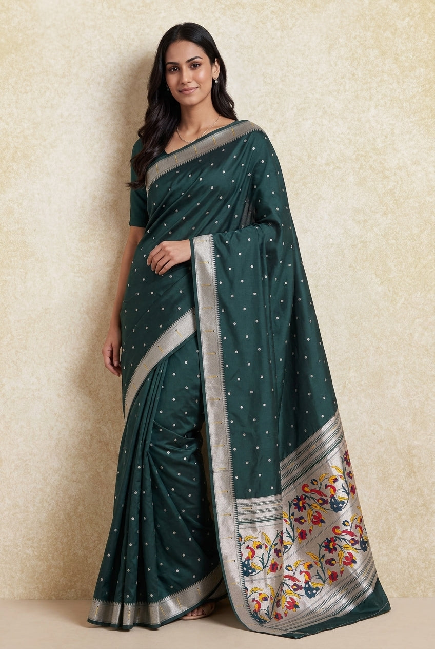 Bottle Green Apurva Silk Paithani Saree with Round gold zari butti, Multi colour Muniya border, Multi Pallu and Brocade blouse