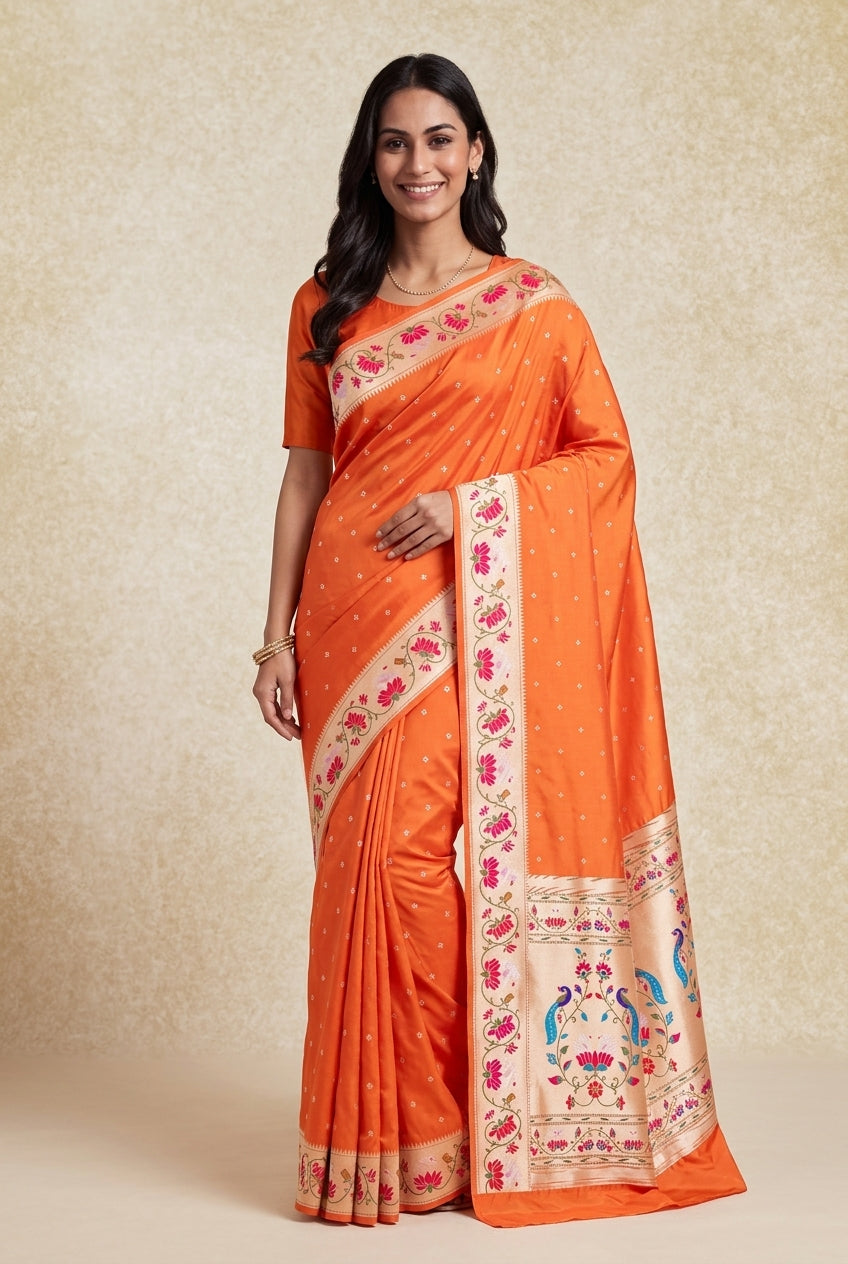 Kesari Orange Apurva Silk Paithani Saree with Star Meena butti, and Rajhans Pallu