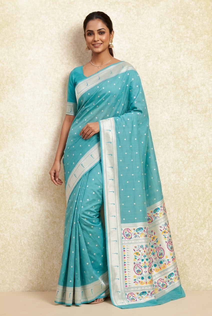 Pastel Green Apurva Silk Paithani Saree with Sitaara butti, Muniya border and Resham threadwork Floral Pallu