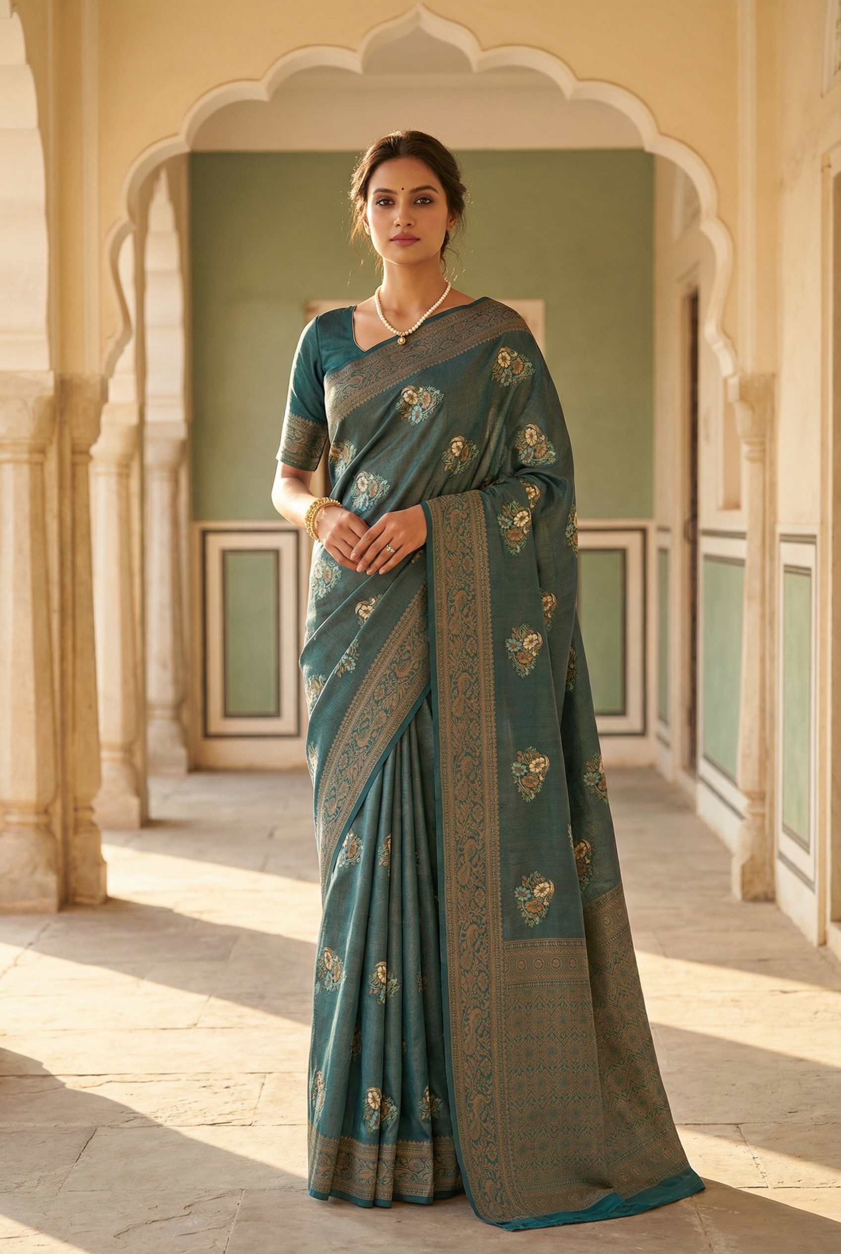Forest Green Soft Silk Saree with Copper Zariwork