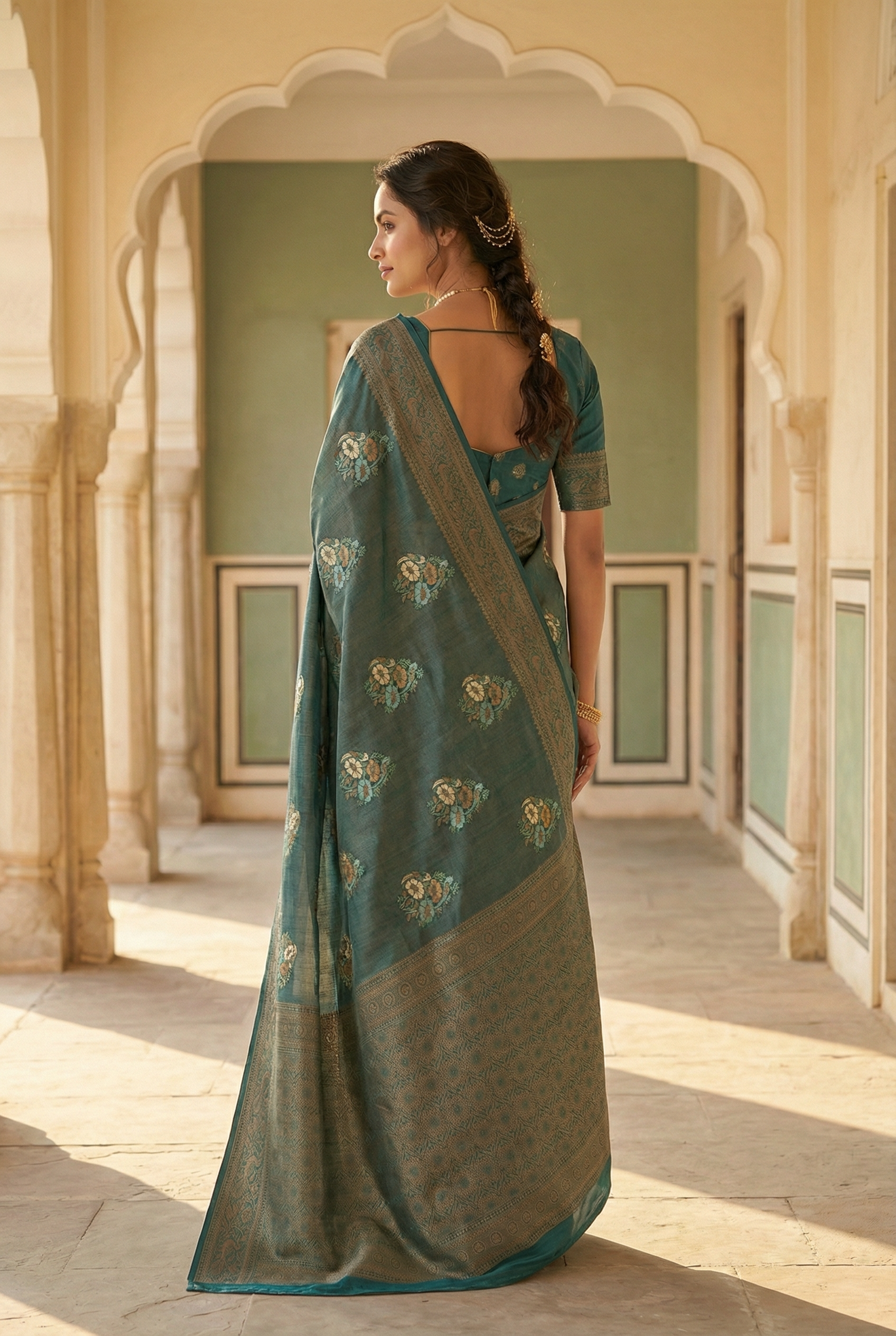 Forest Green Soft Silk Saree with Copper Zariwork