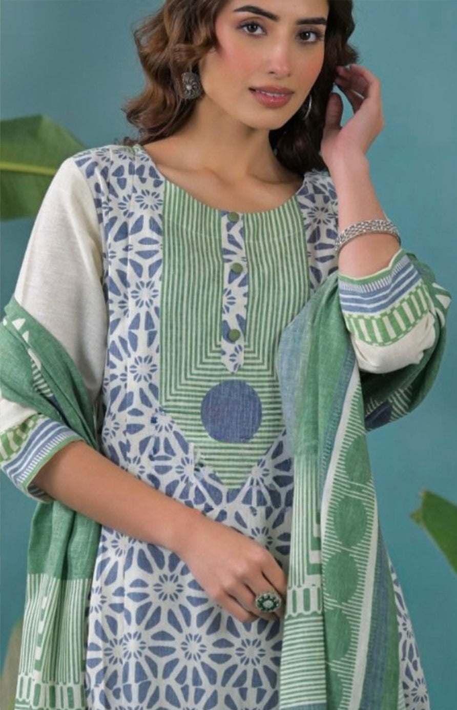 Cream Salwar Kameez with Blue and Green Print