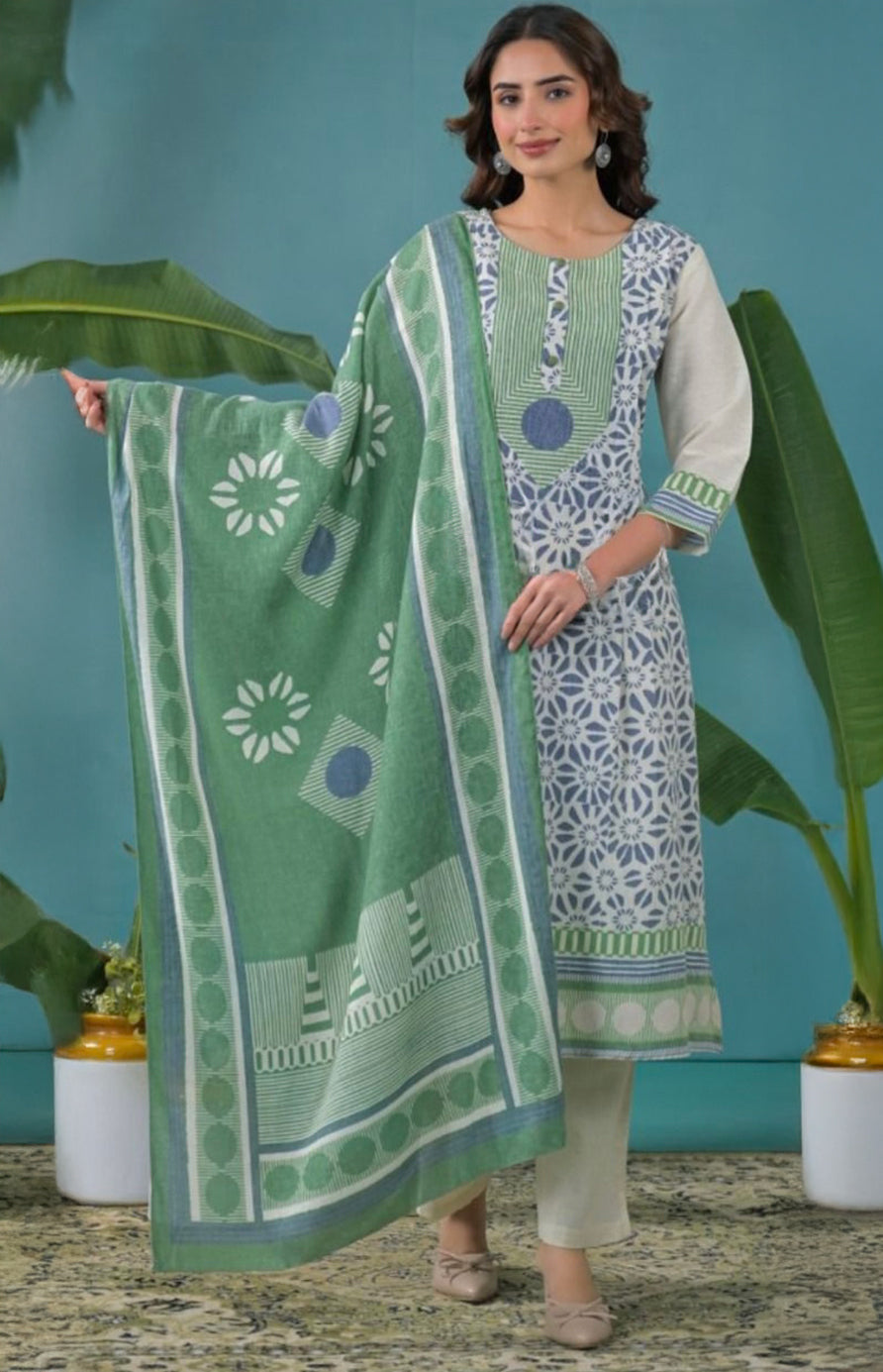 Cream Salwar Kameez with Blue and Green Print