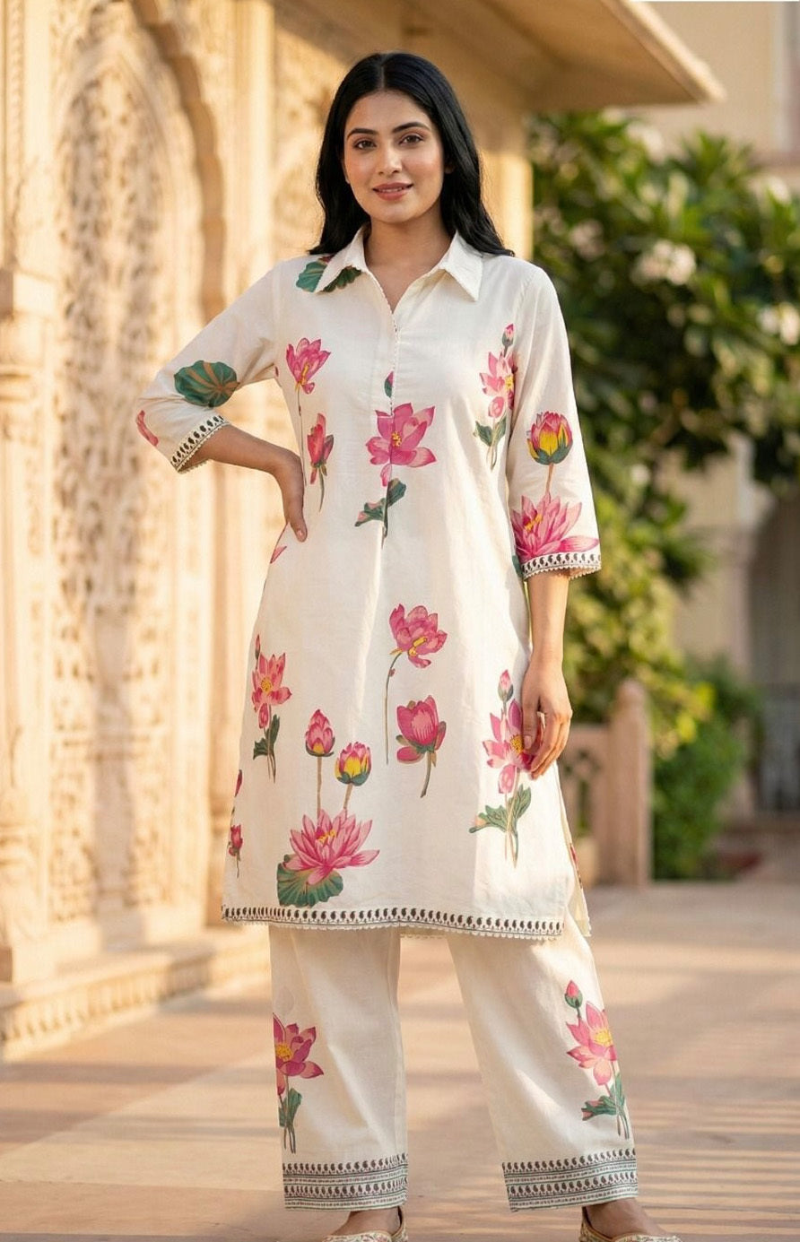 Ivory Collared Coord Set with Lotus and Rose Print and Plazzo pants