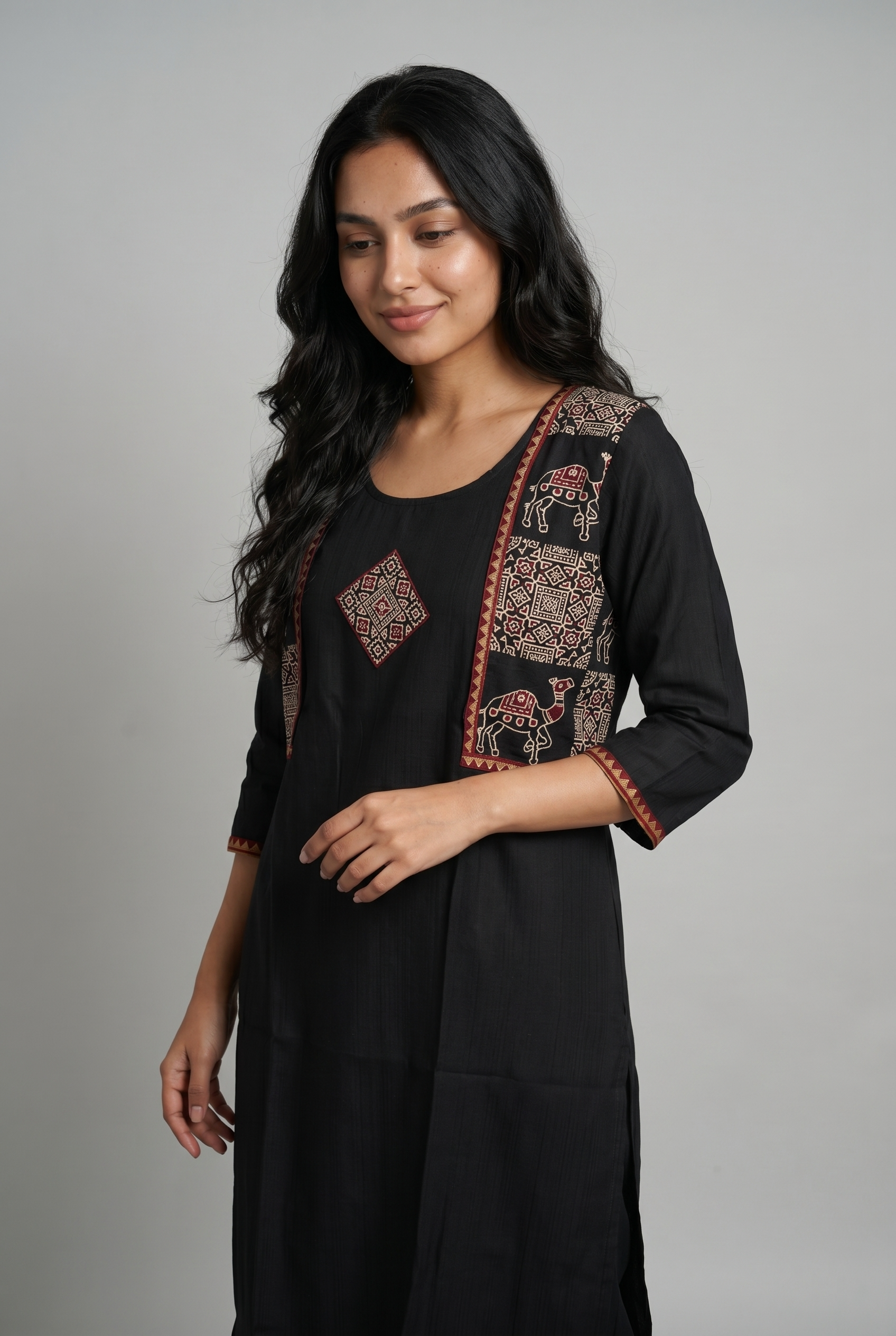 Black Kutchi Ajrak Print Kurti