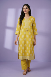 Lemon Yellow Straight Pant Set with Embroidary work and Khadi Block Print