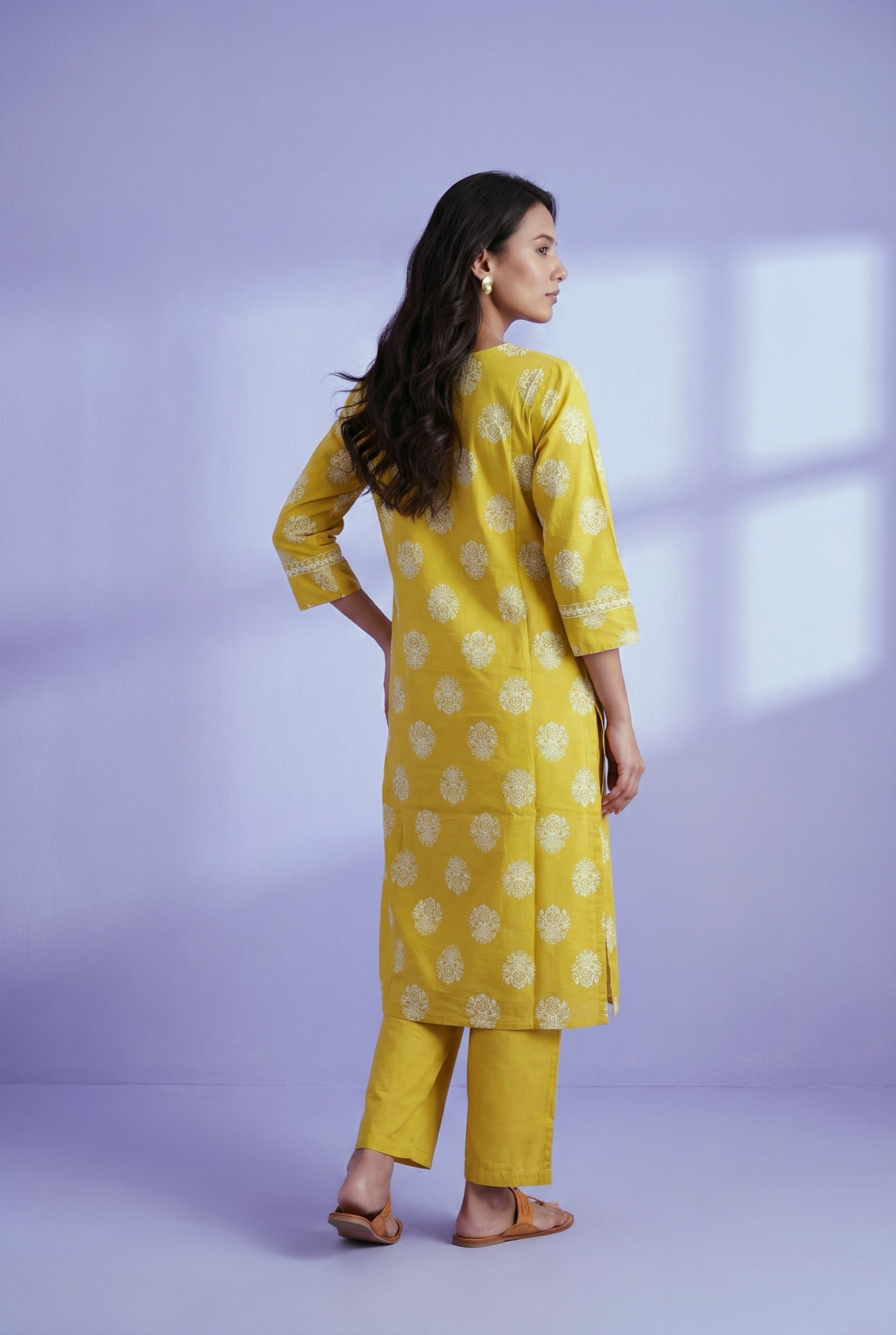 Lemon Yellow Straight Pant Set with Embroidary work and Khadi Block Print