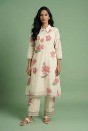 Ivory Collared Coord Set with Lotus and Rose Print and Plazzo pants