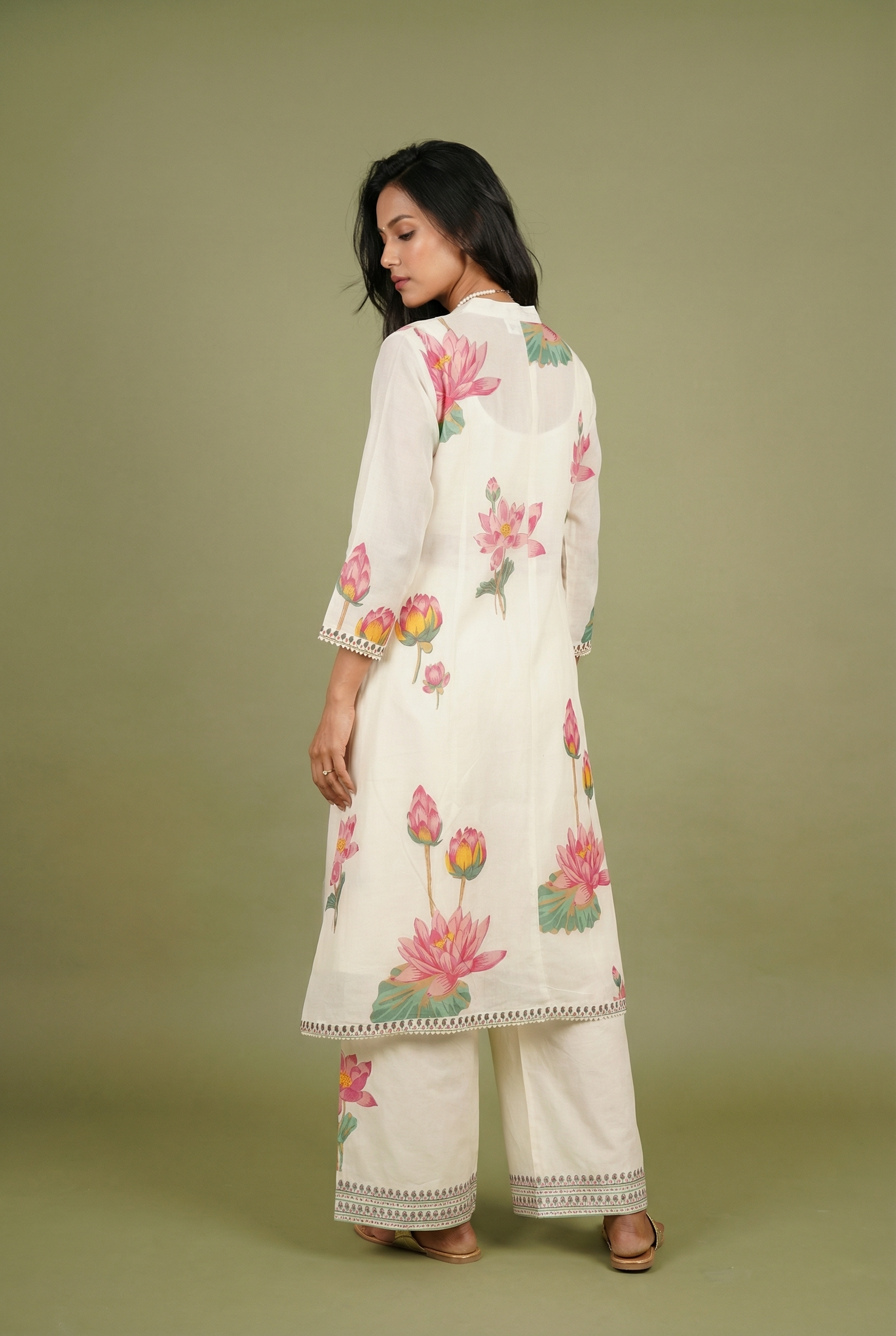 Ivory Collared Coord Set with Lotus and Rose Print and Plazzo pants