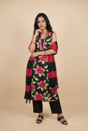 Black Salwar Kameez with Rani Pink Floral Print