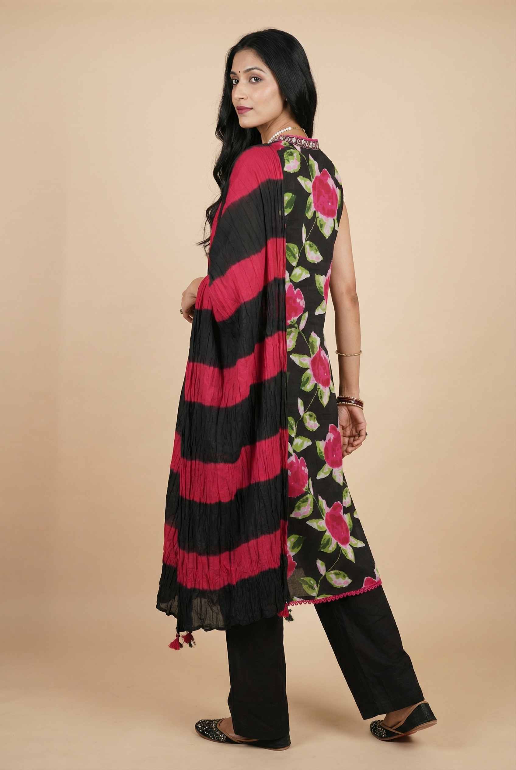Black Salwar Kameez with Rani Pink Floral Print