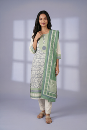Cream Salwar Kameez with Blue and Green Print
