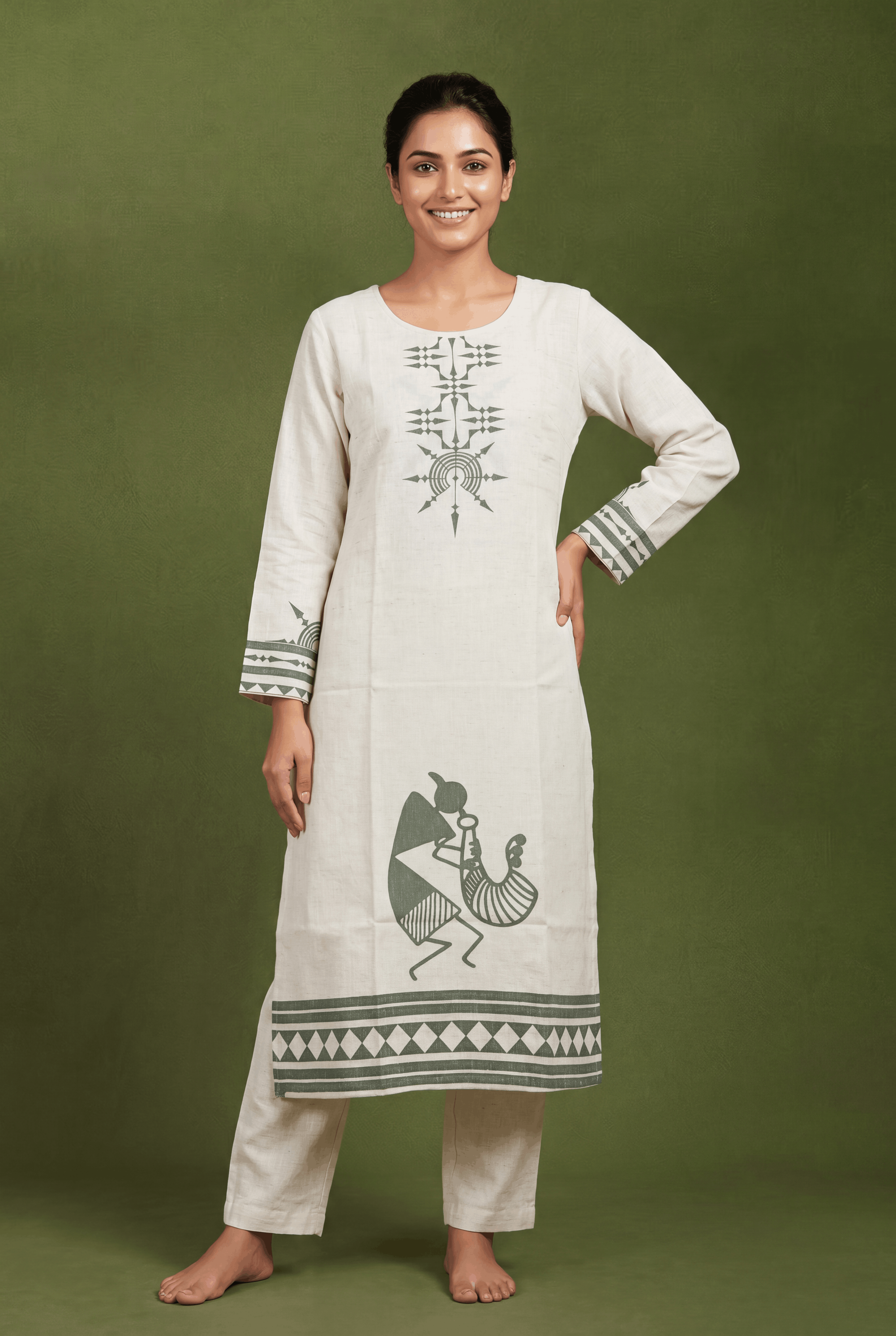 Cream Khadi Cotton Kurti with Olive Venuvadini Warli Print