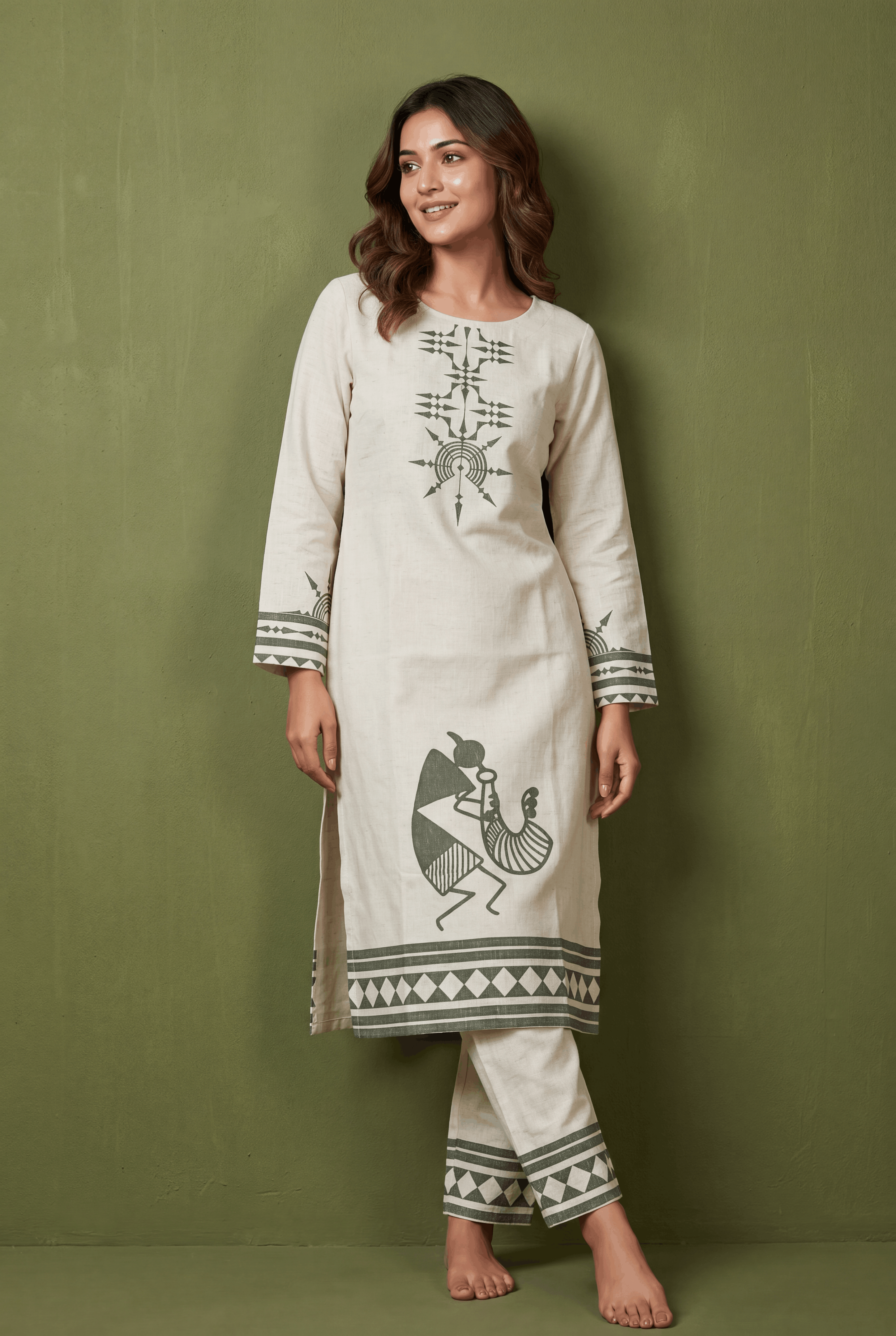 Cream Khadi Cotton Kurti with Olive Venuvadini Warli Print