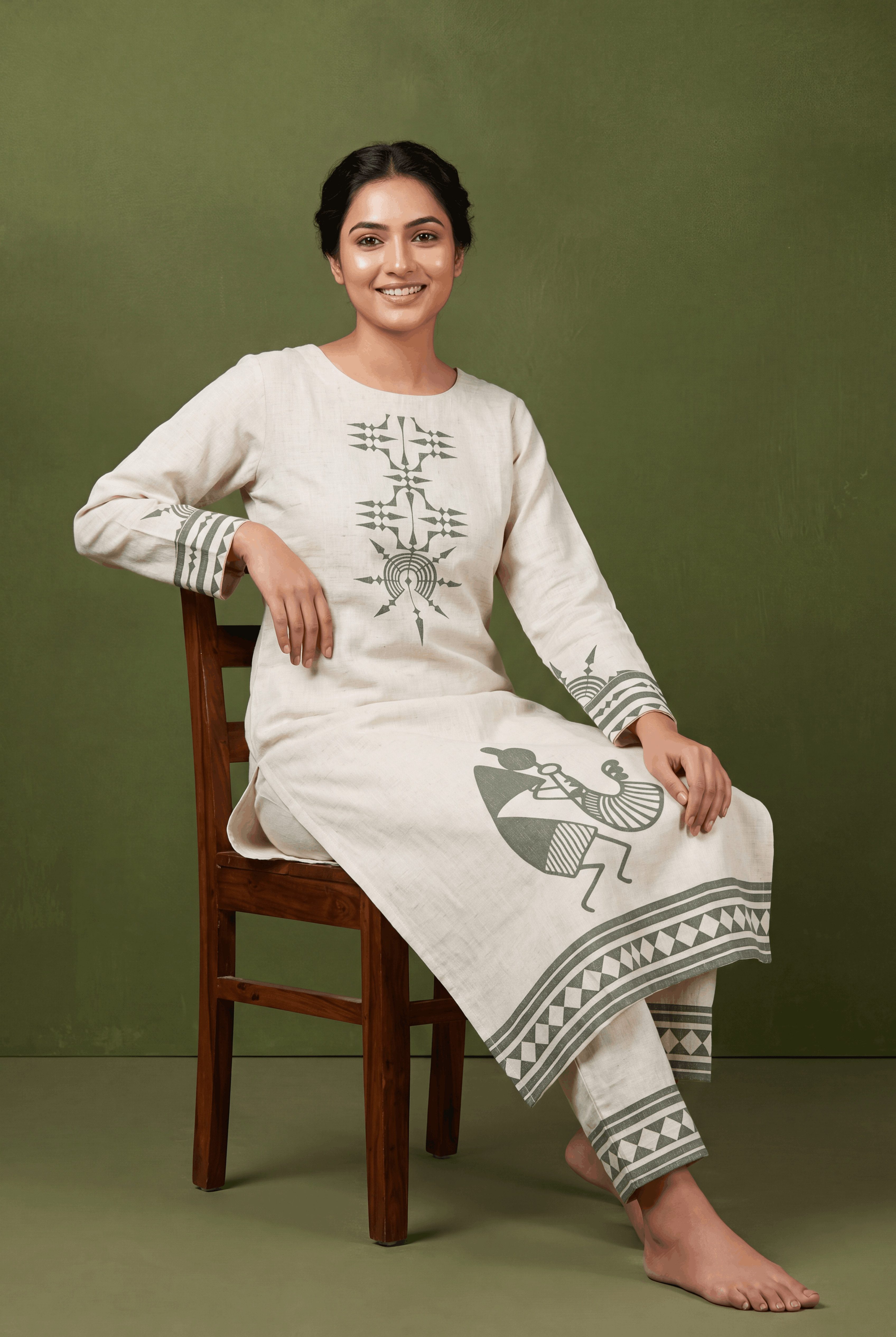 Cream Khadi Cotton Kurti with Olive Venuvadini Warli Print