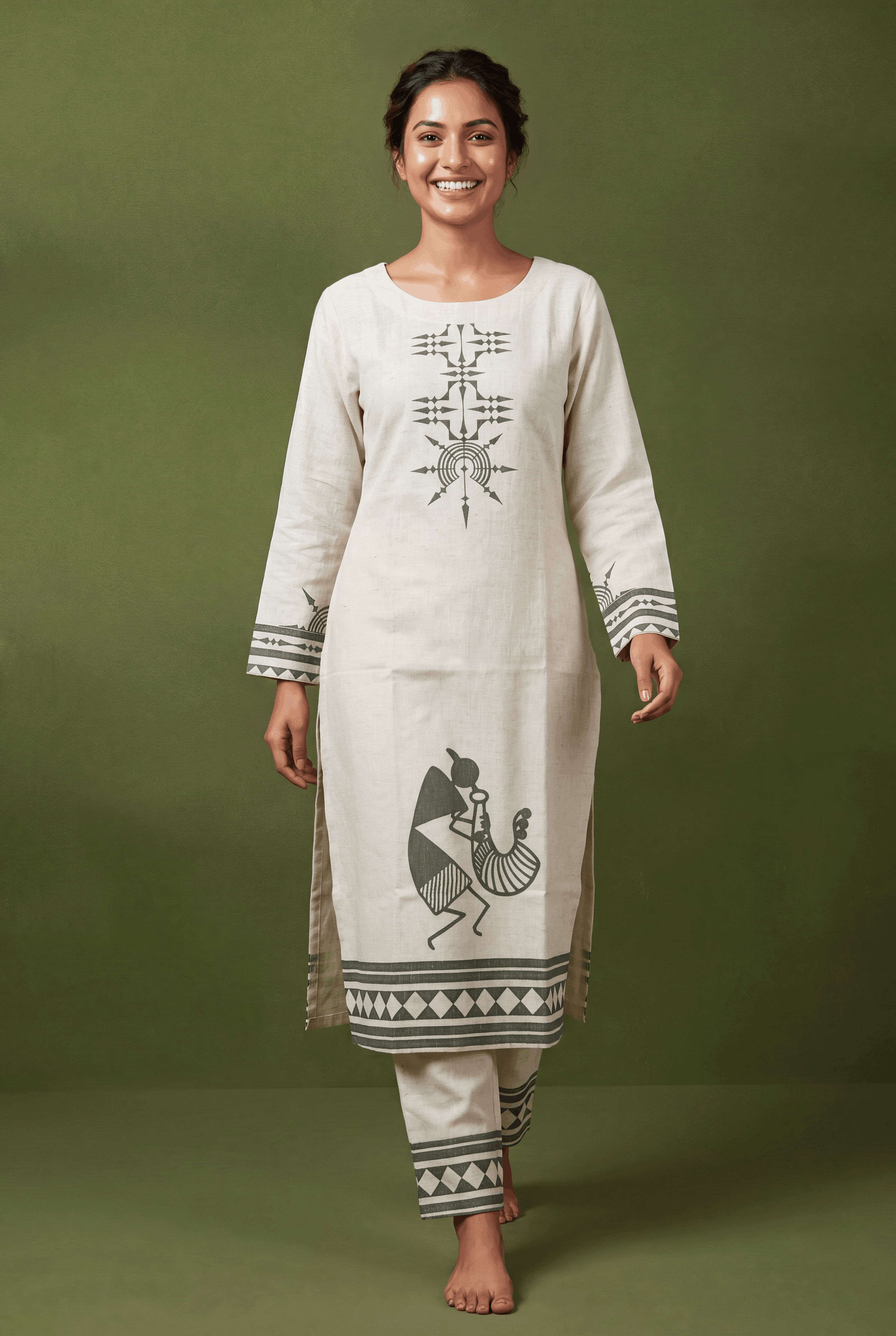Cream Khadi Cotton Kurti with Olive Venuvadini Warli Print
