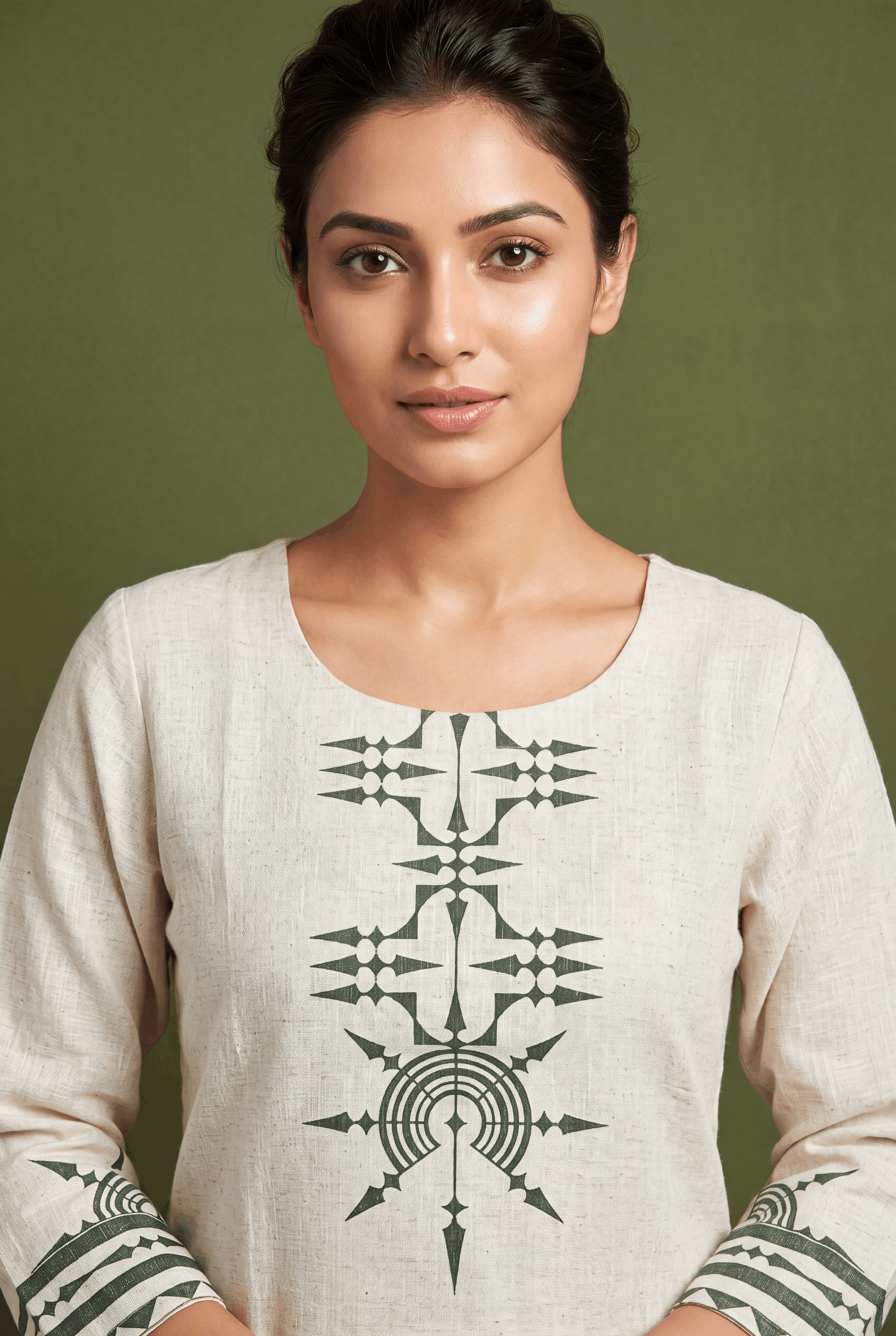 Cream Khadi Cotton Kurti with Olive Venuvadini Warli Print