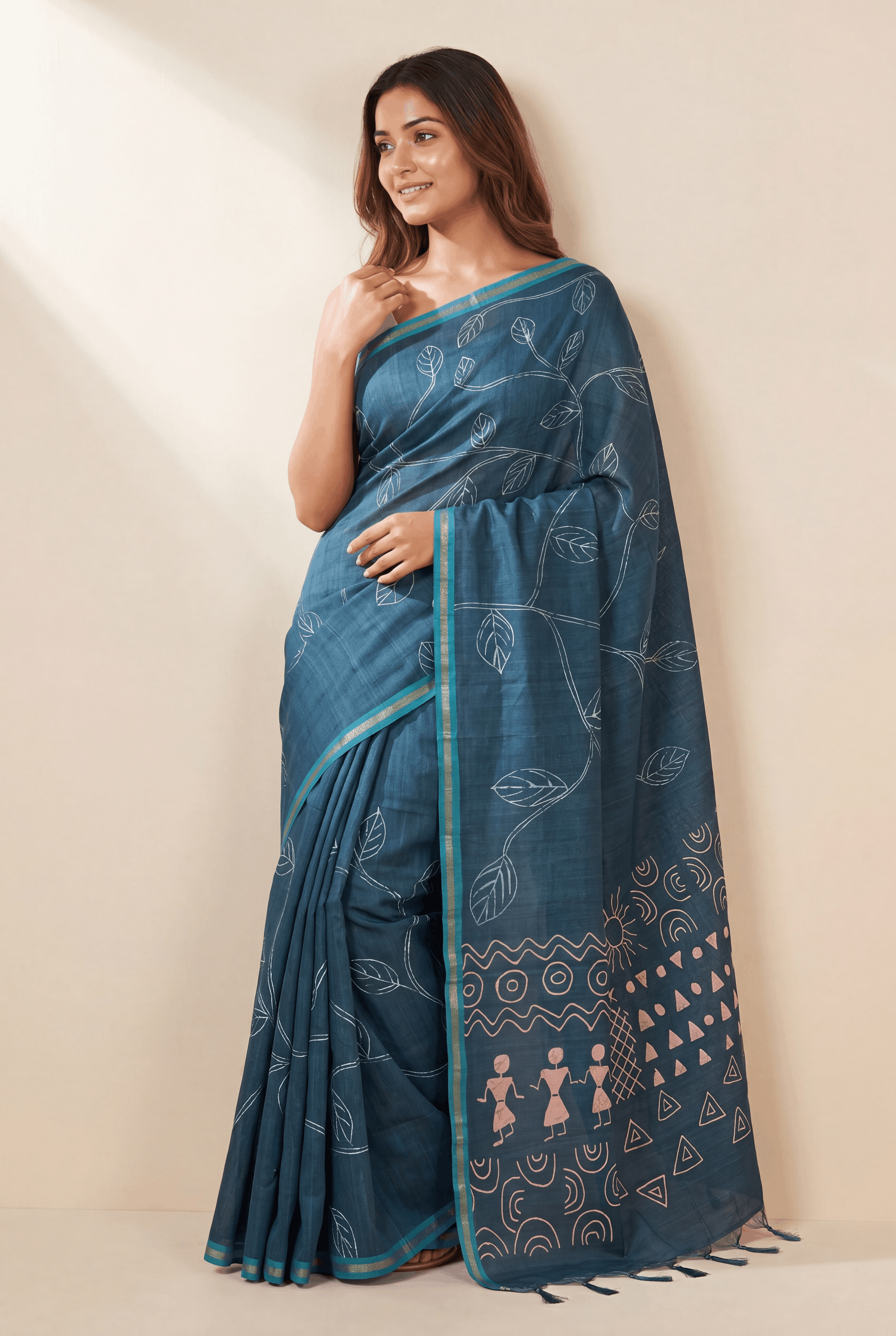 Blue Cotton Saree with Pastel Pink Warli print