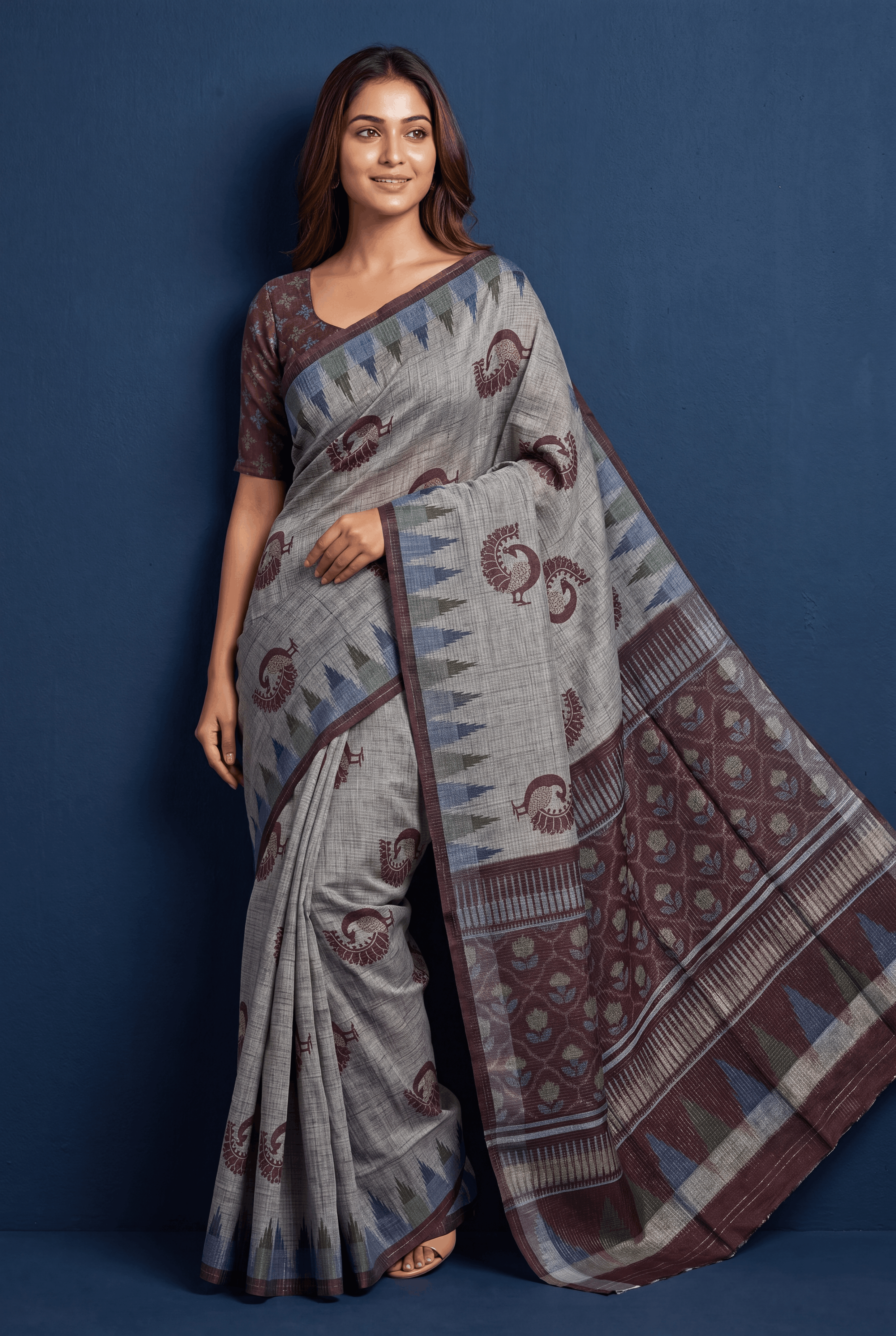 Grey and Maroon Tussar Silk Saree with Gold Zari checks, Patola pallu and Temple border
