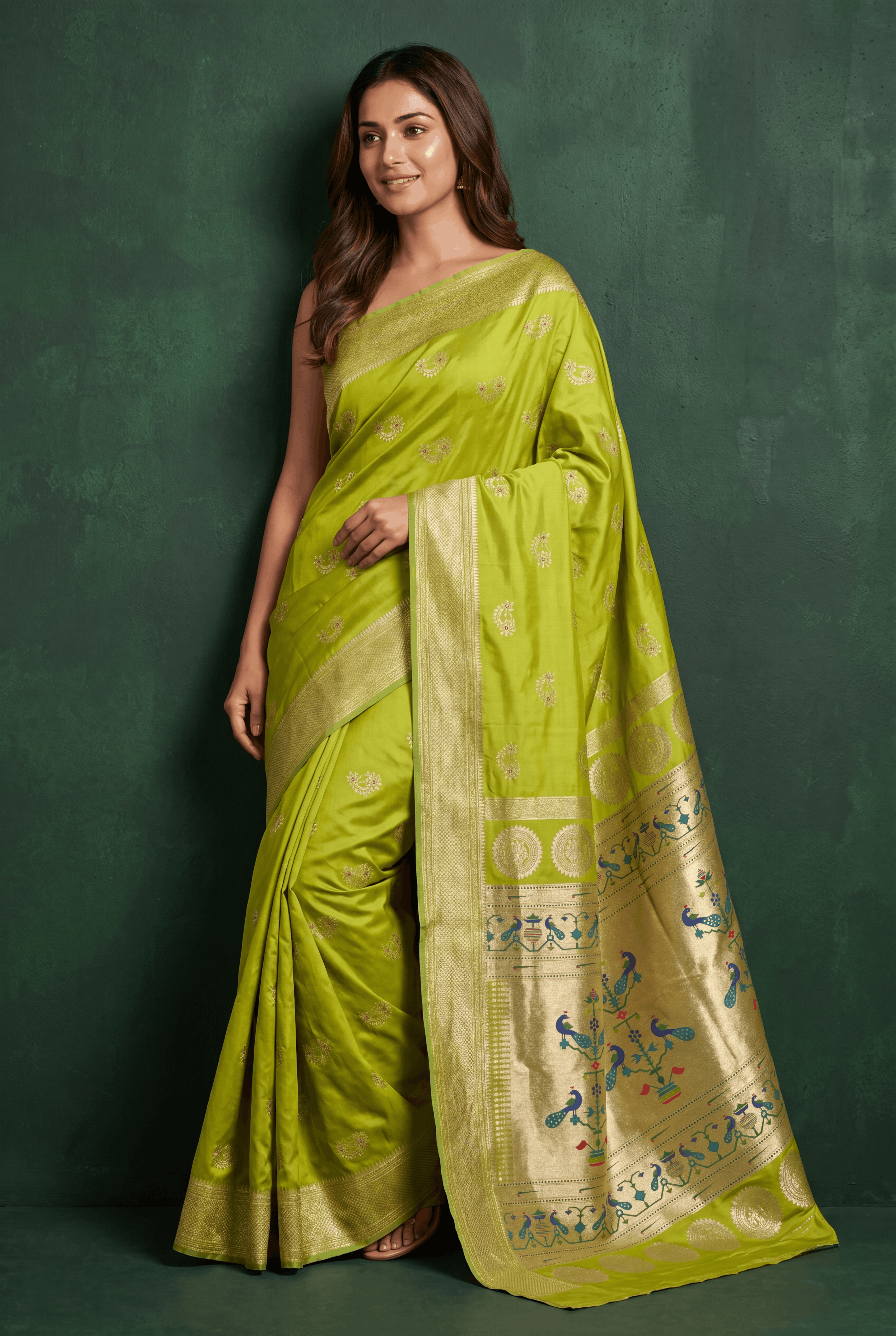 Lime Green Apurva Silk Paithani Saree with Nath butti