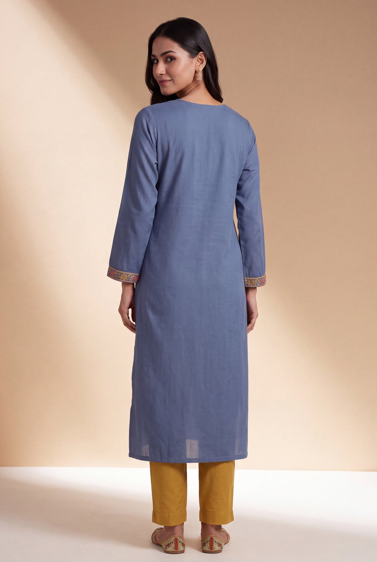 Indigo Blue Trivarṇa Kusuma Kurti with Floral threadwork