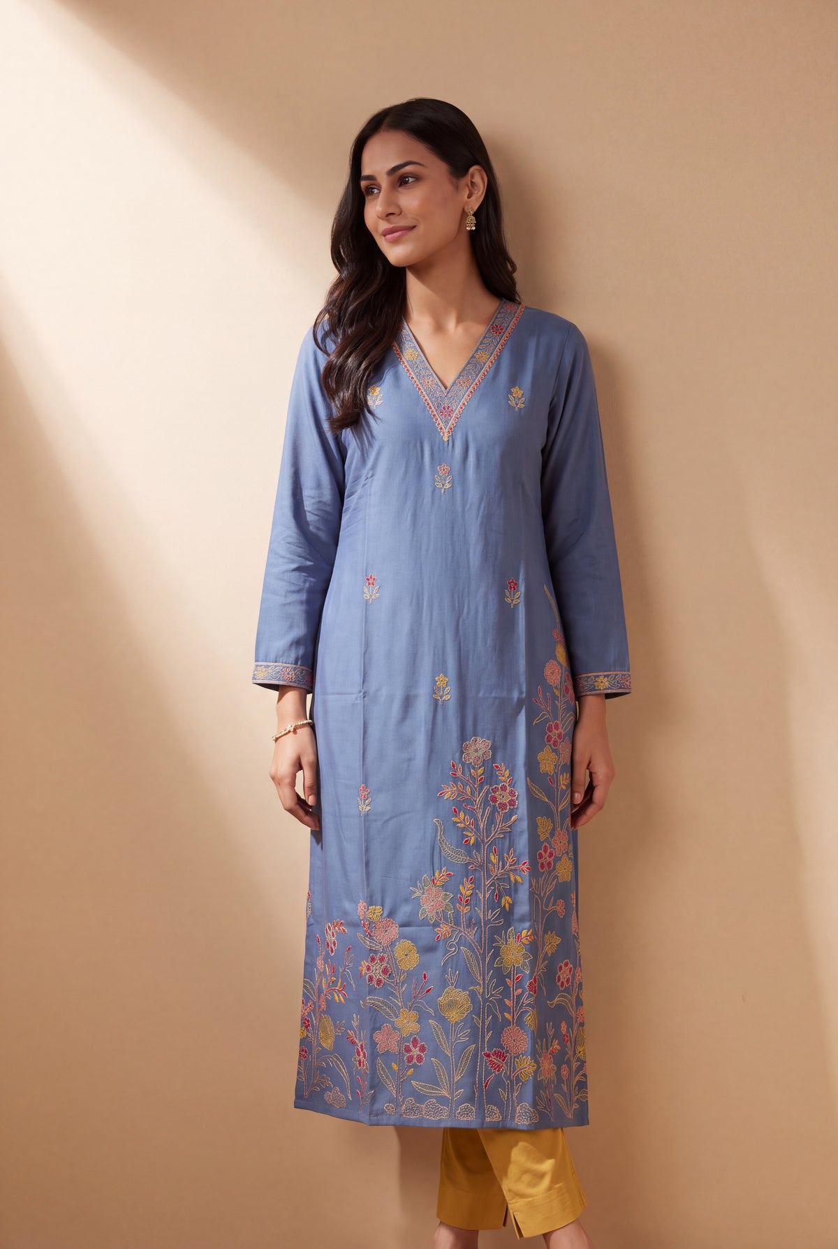 Indigo Blue Trivarṇa Kusuma Kurti with Floral threadwork