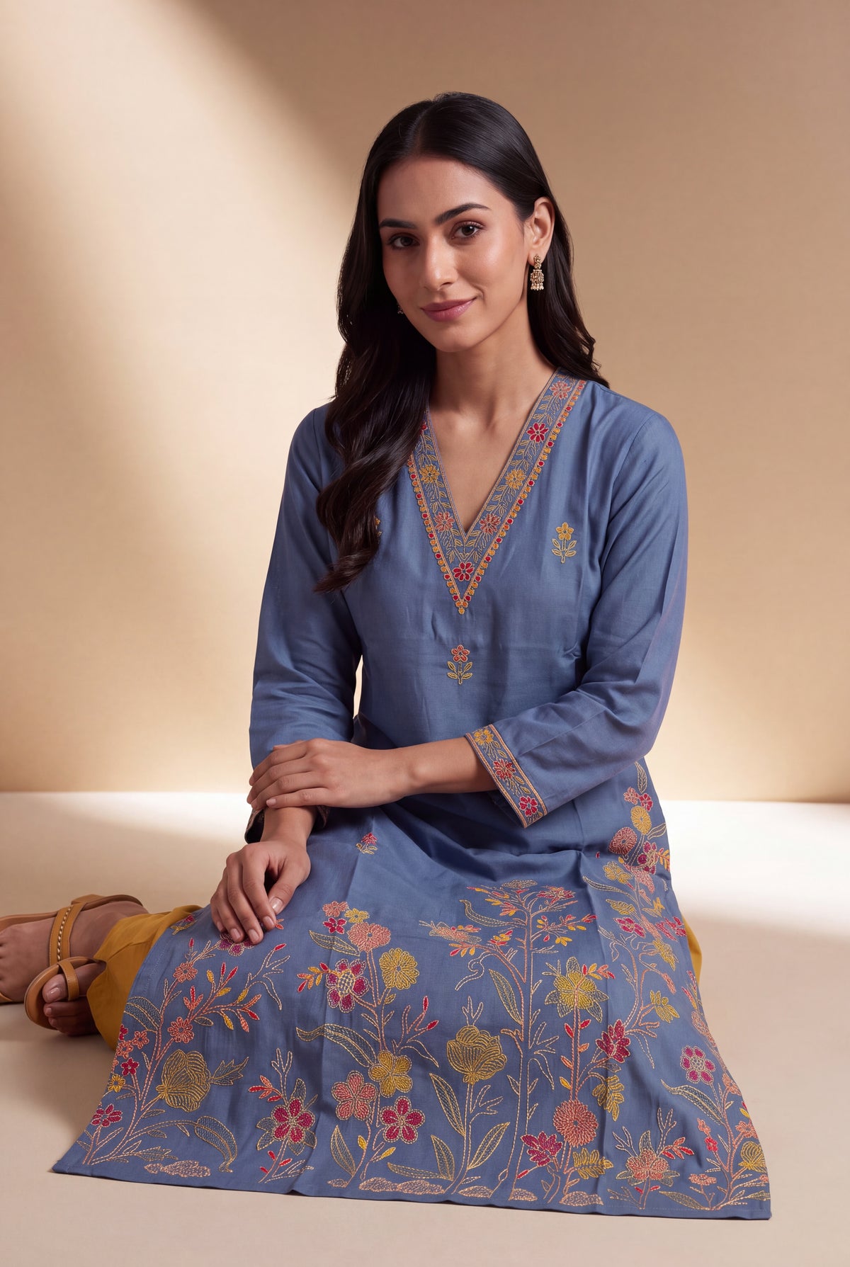 Indigo Blue Trivarṇa Kusuma Kurti with Floral threadwork